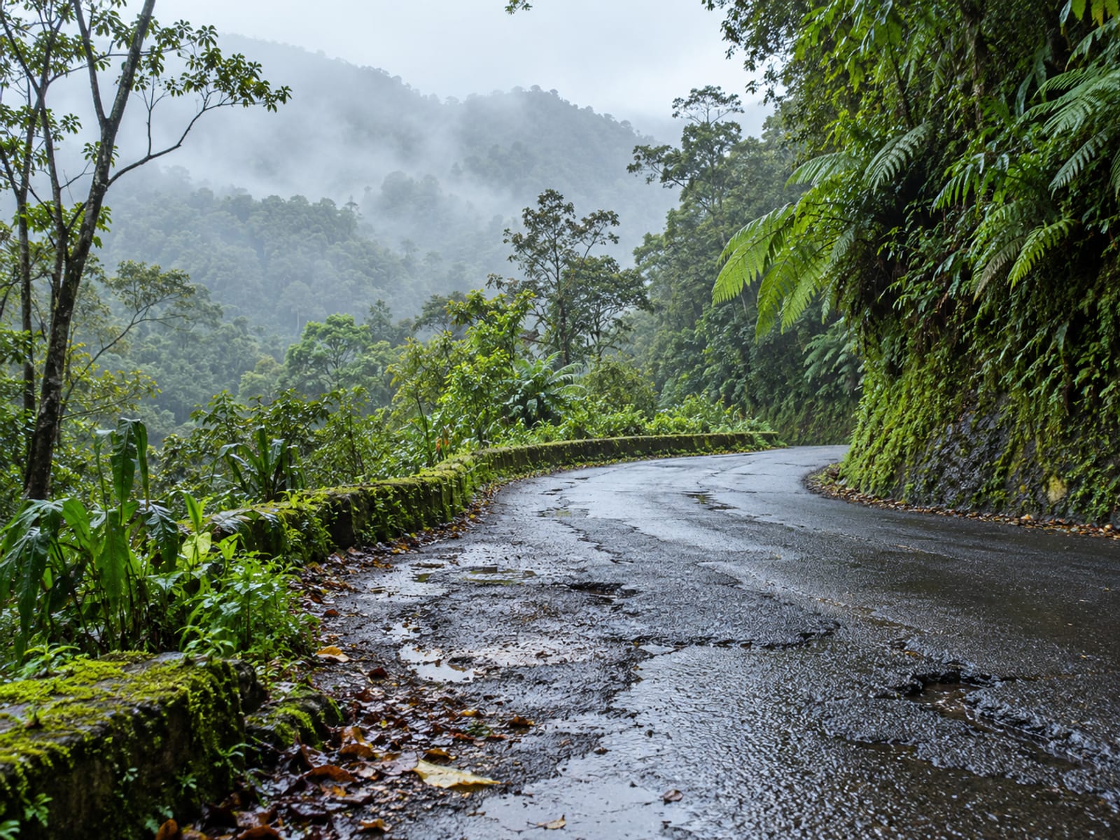 Narrow winding country road with a sharp bend, ferns on the bank and early morning mist