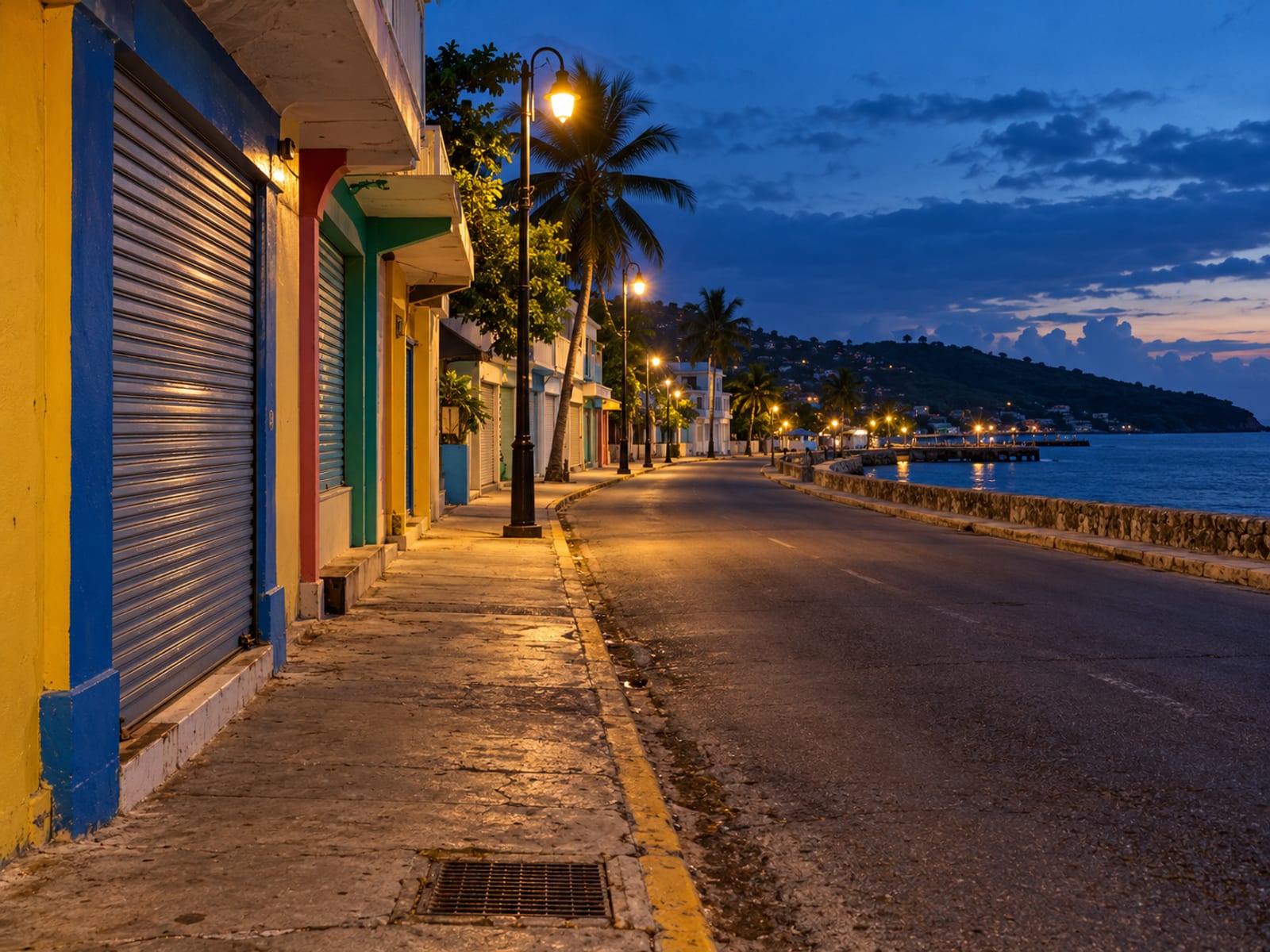 Quiet seaside town street at dusk with lit street lamps and shuttered shopfronts