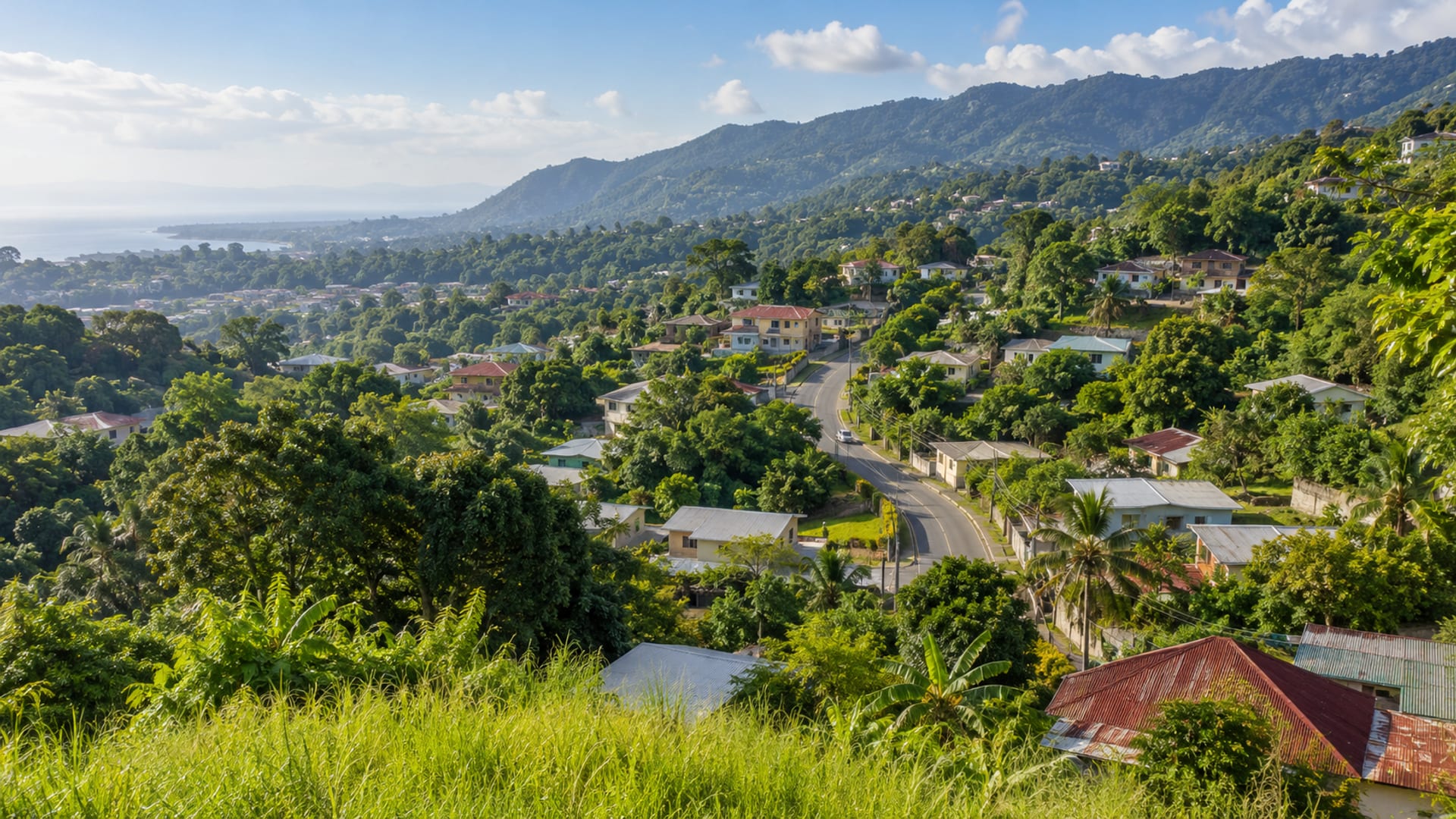 Hillside town with a winding road and rooftops under morning sun