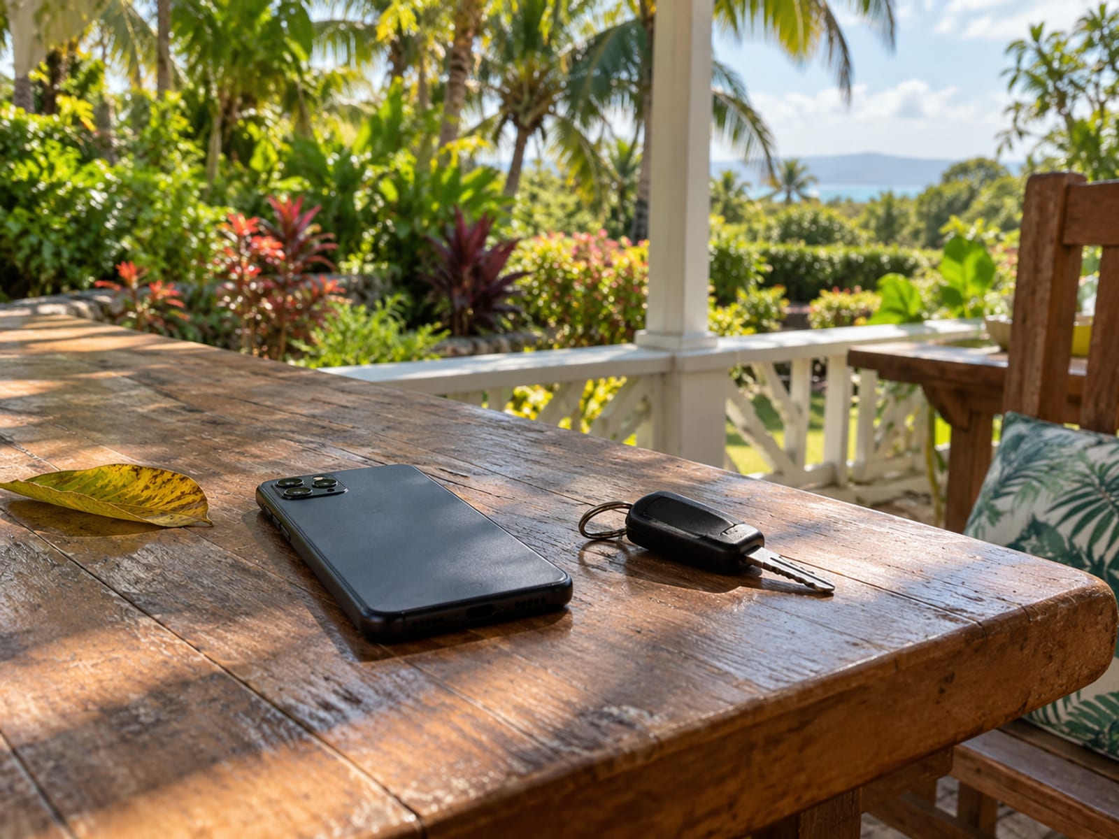 Phone lying face down beside car keys on a veranda table with a garden behind