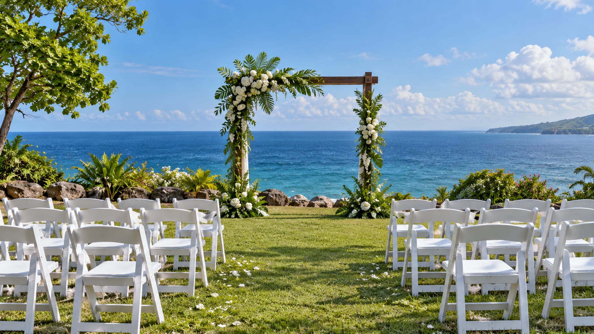 Rows of empty white chairs set on a lawn facing an arch of flowers with the sea beyond and no people present.