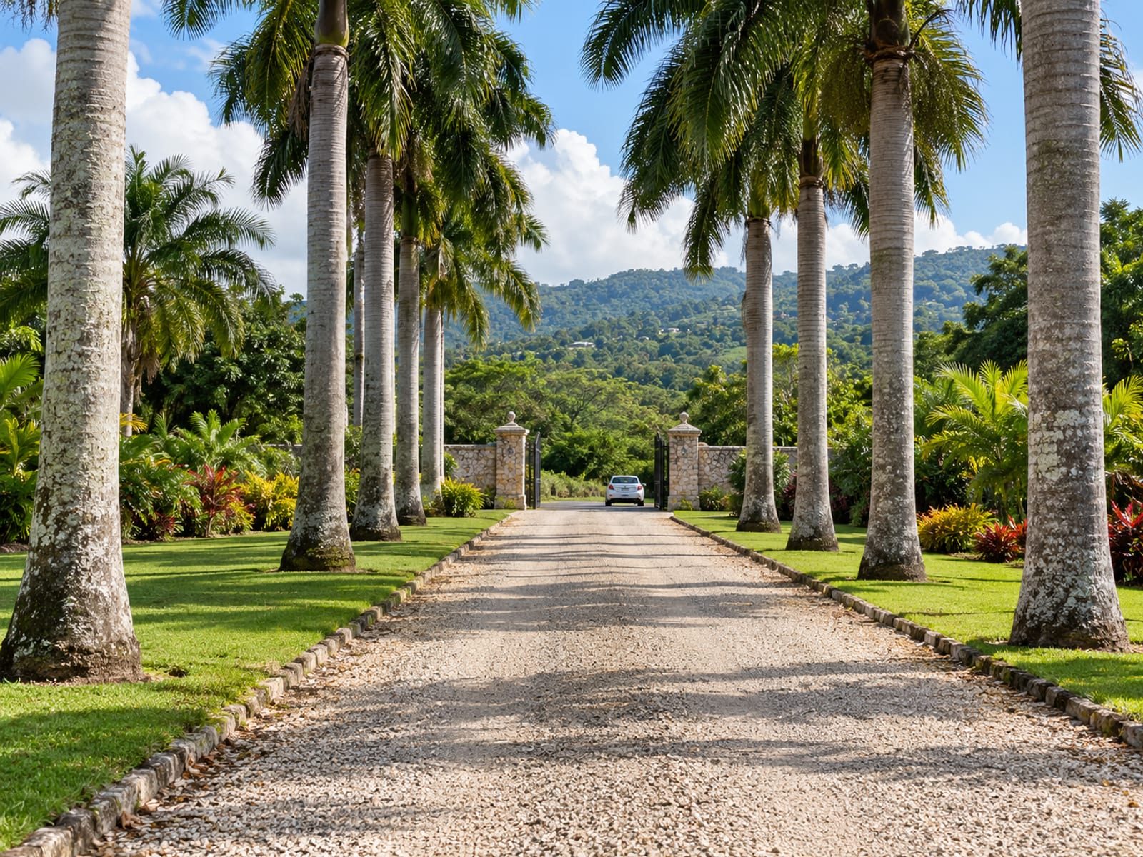 A long gravel driveway lined with royal palms leading to a plain stone gate, with a tiny pale car near the end.
