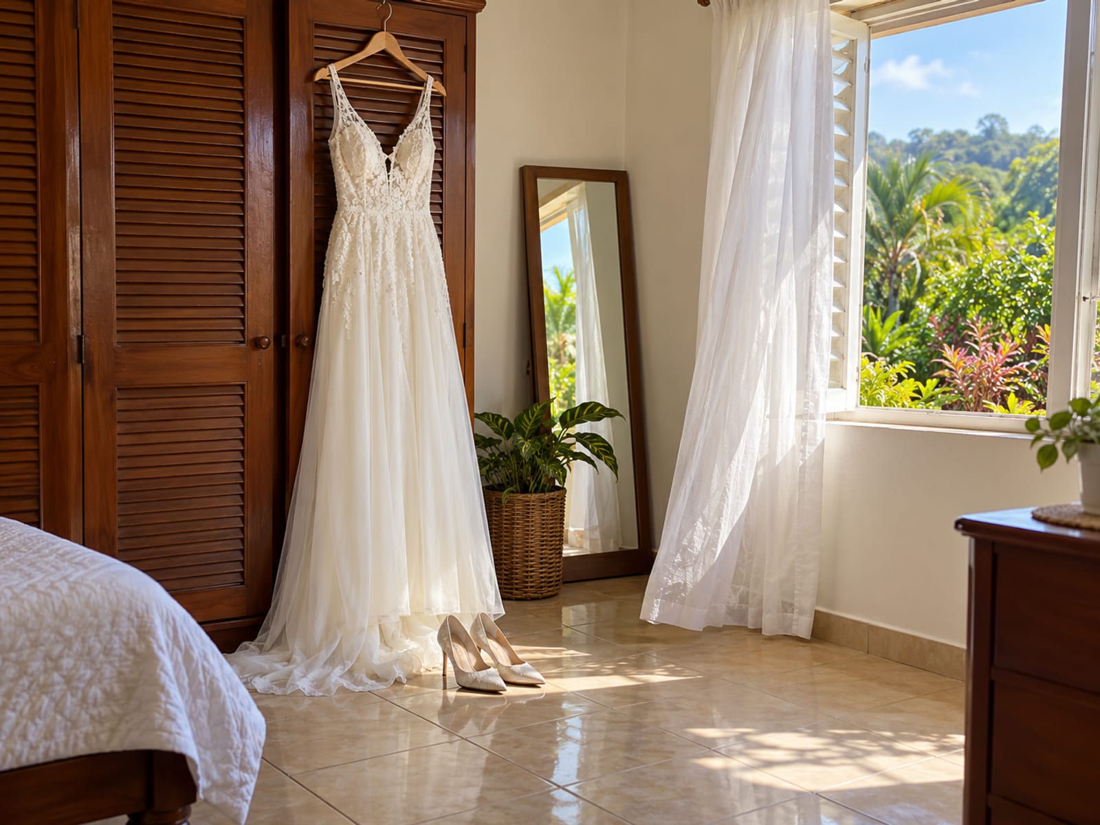 A white dress hanging on a wardrobe door above a pair of shoes in a bright bedroom with a window.