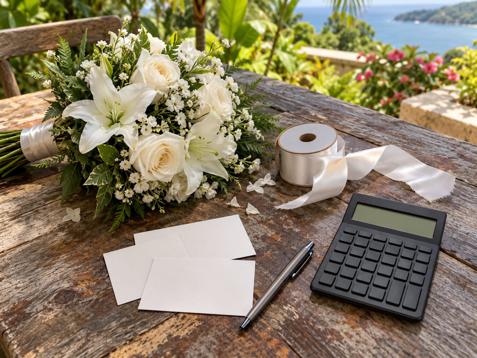 A small bouquet of white flowers, a spool of ribbon, blank cards and a pen on a wooden terrace table.