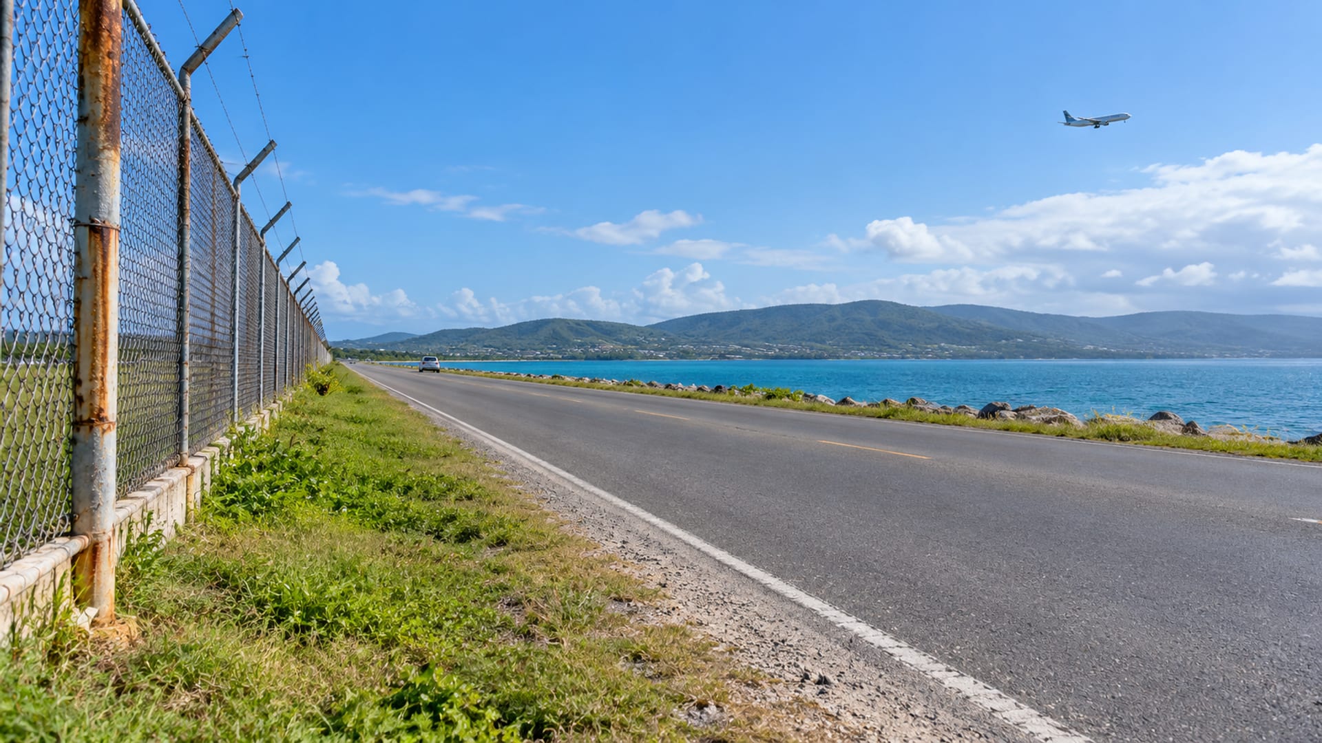 A flat coastal road beside a tall wire fence and grass, with calm sea on the other side and a small aircraft high in the sky.