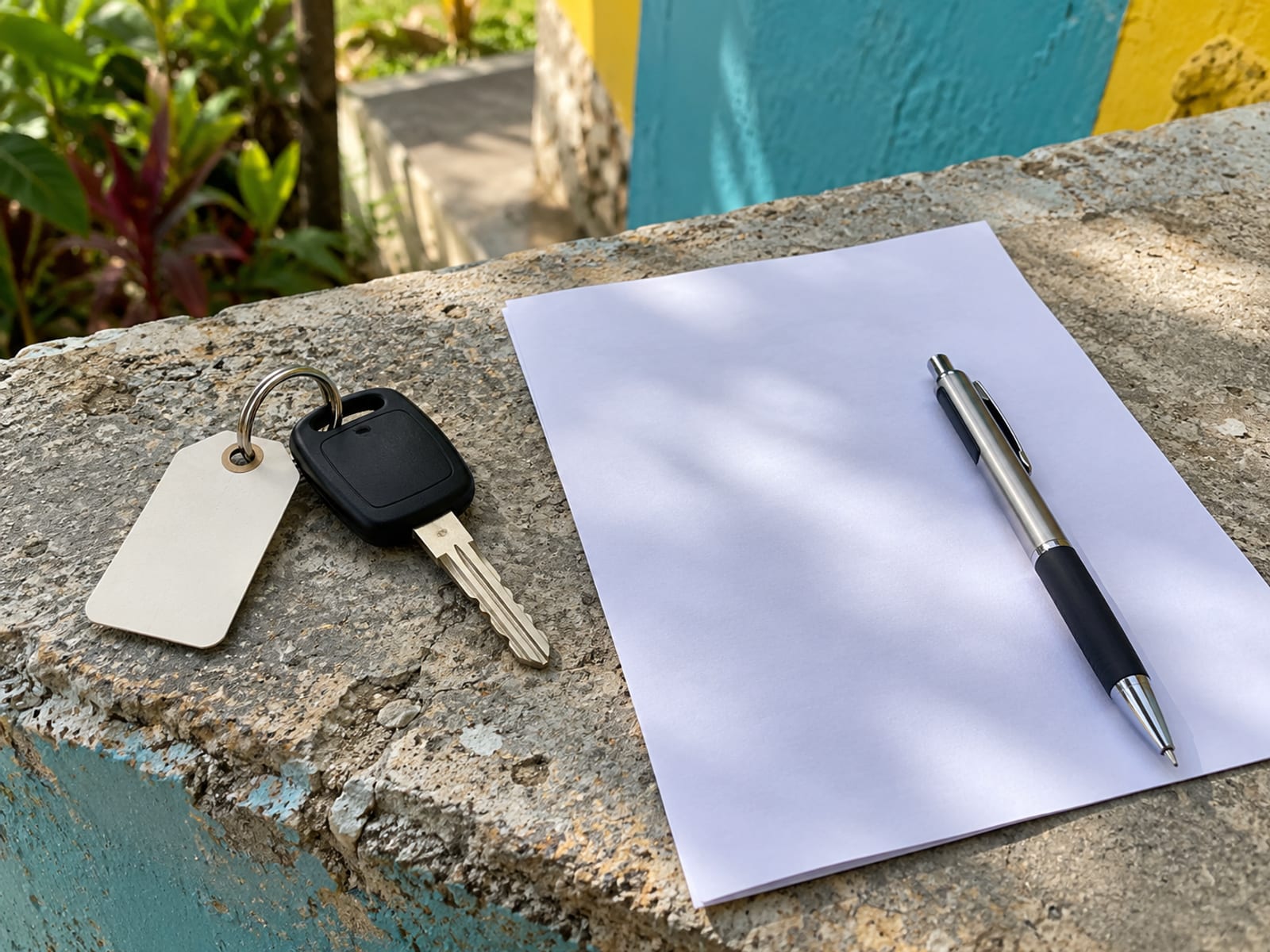 A car key with a plain tag, a blank sheet of paper and a pen resting on a concrete ledge in shade.