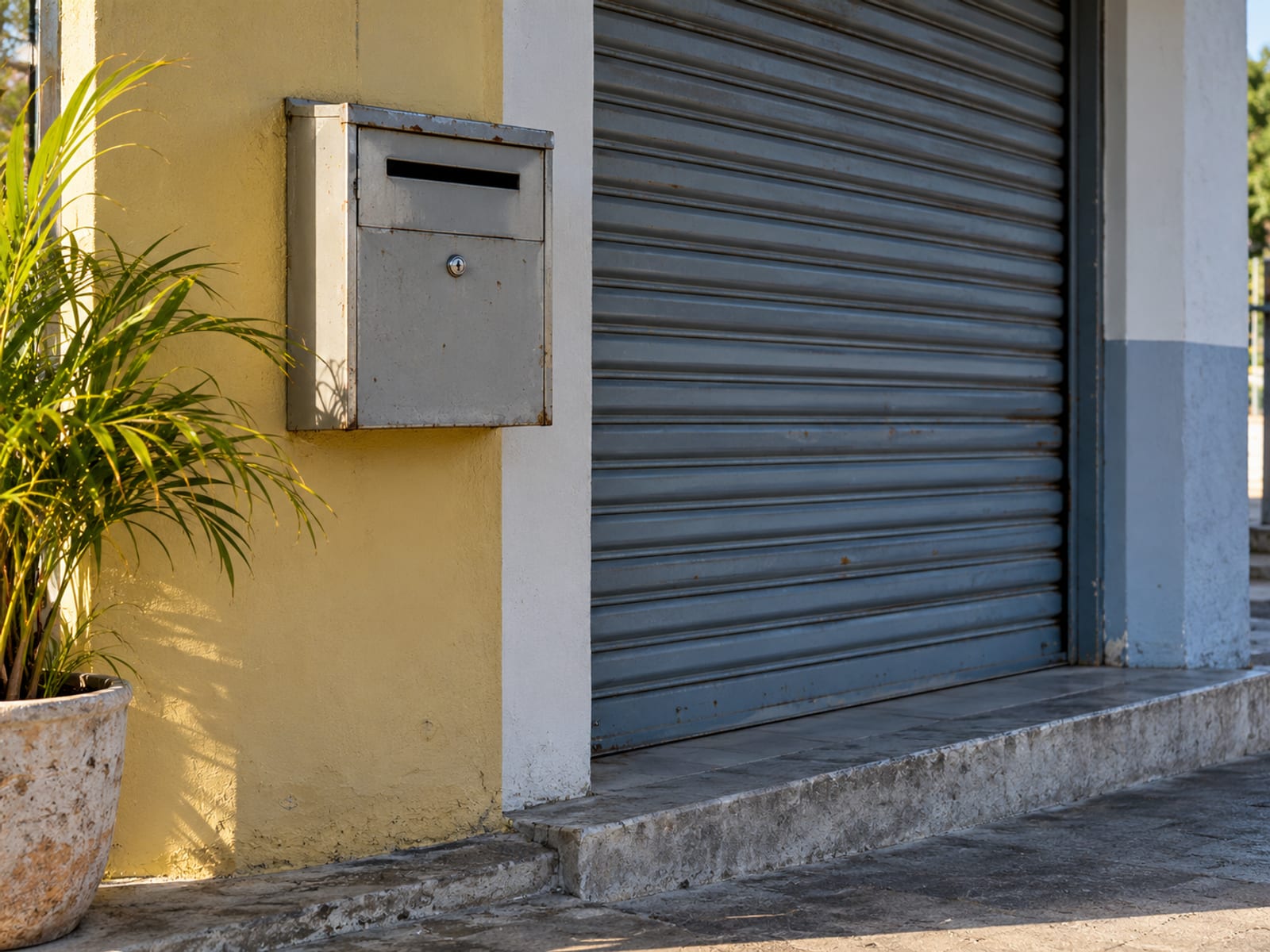 A plain steel box with a narrow slot mounted on a painted wall beside a closed metal shutter in early morning light.