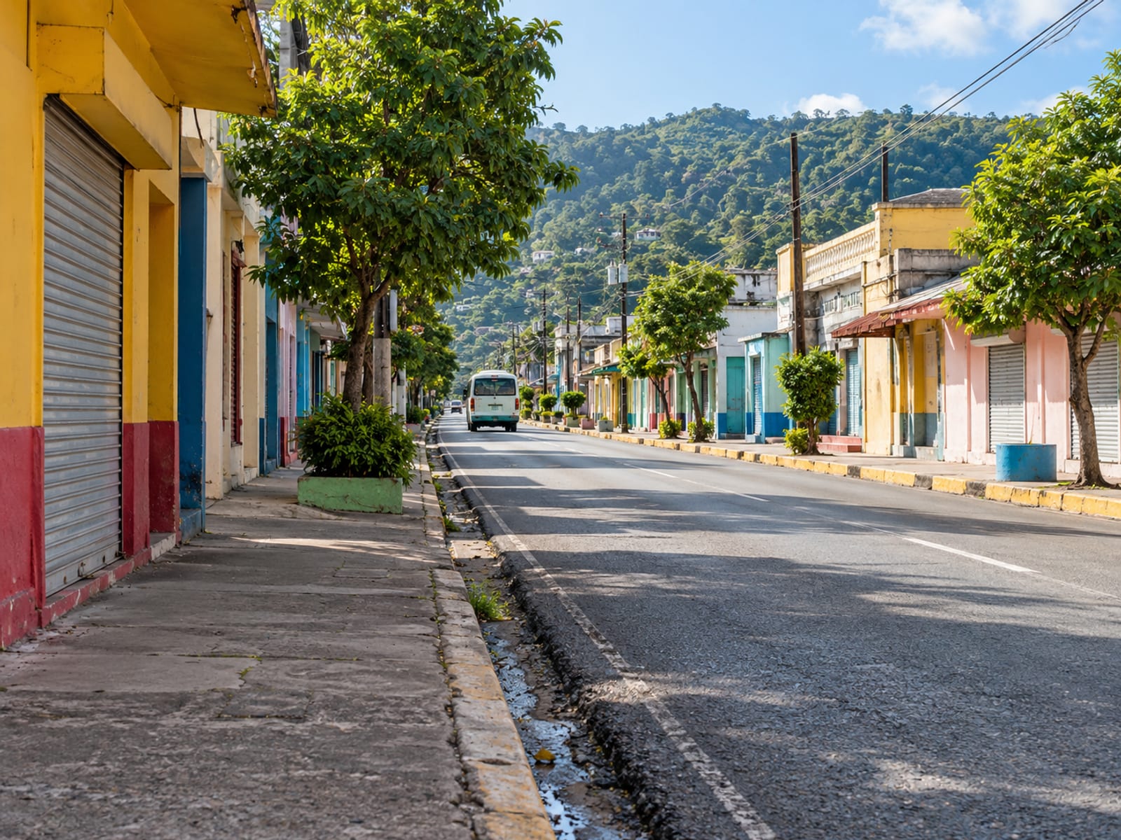 Main street of a small rural town in the morning with a single small plain bus far down the street