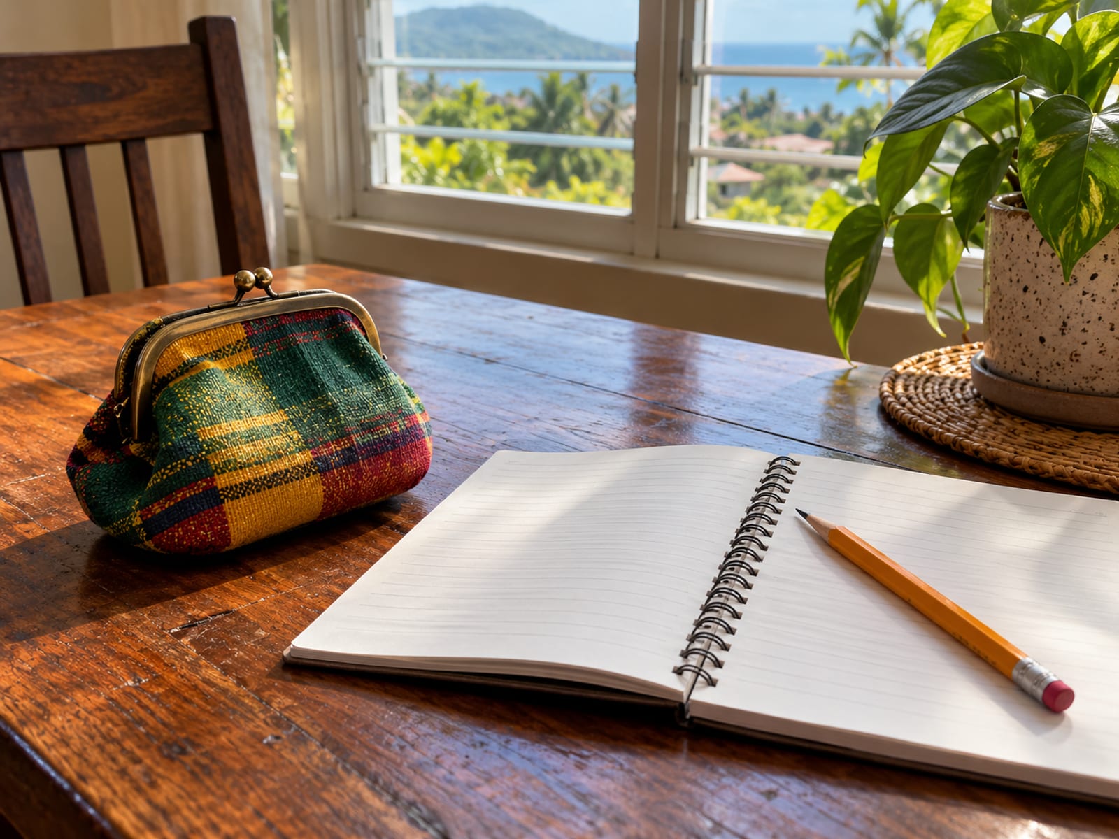 Closed cloth purse, a pencil and a blank notebook on a kitchen table near a window
