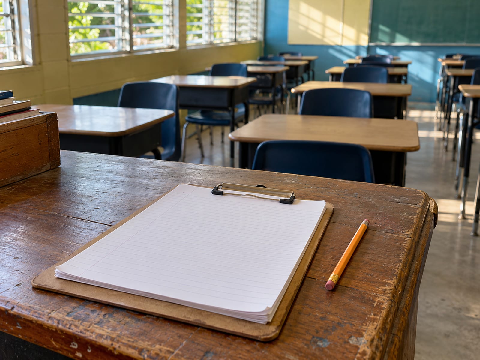 Wooden teacher desk with a clipboard holding handwritten lists, a pencil and a row of empty classroom chairs behind it