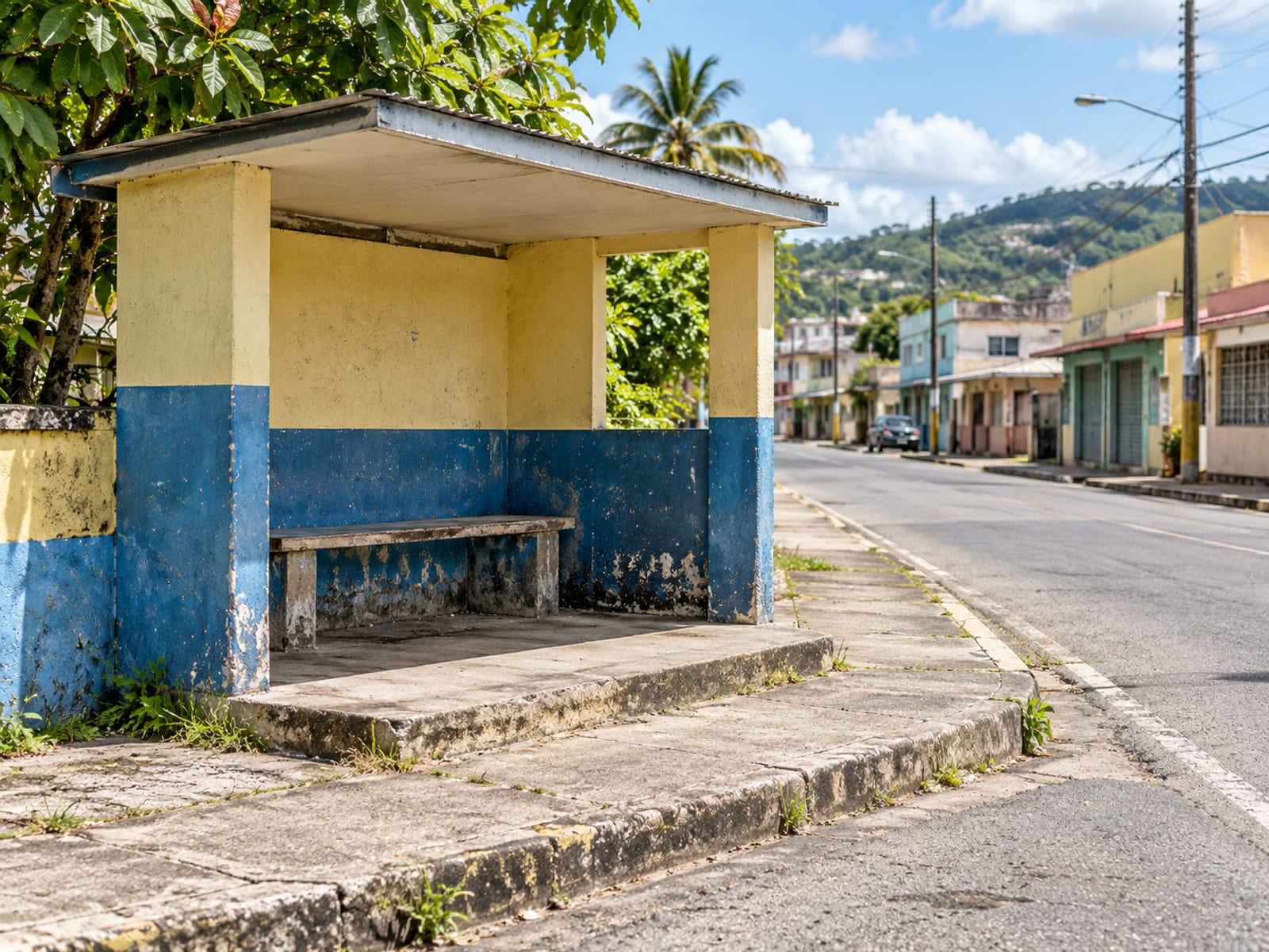 Plain concrete bus shelter with a bench on a town street verge, empty in daylight with shops blurred behind