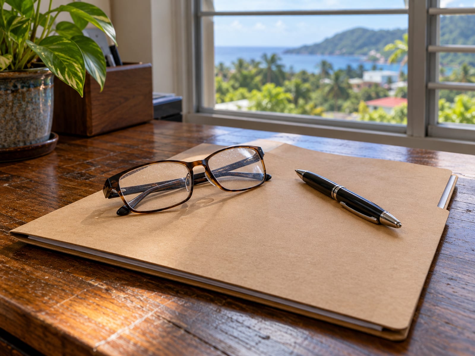 Closed document folder with reading glasses and a pen on a plain wooden desk