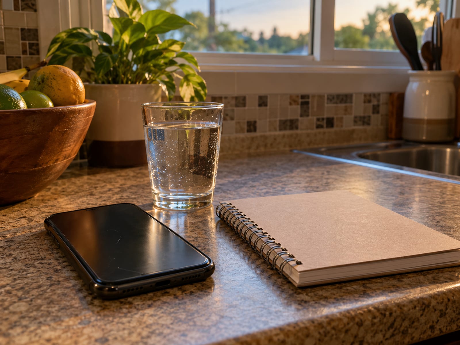 Dark phone beside a spiral notebook and a glass of water on a kitchen counter in soft light
