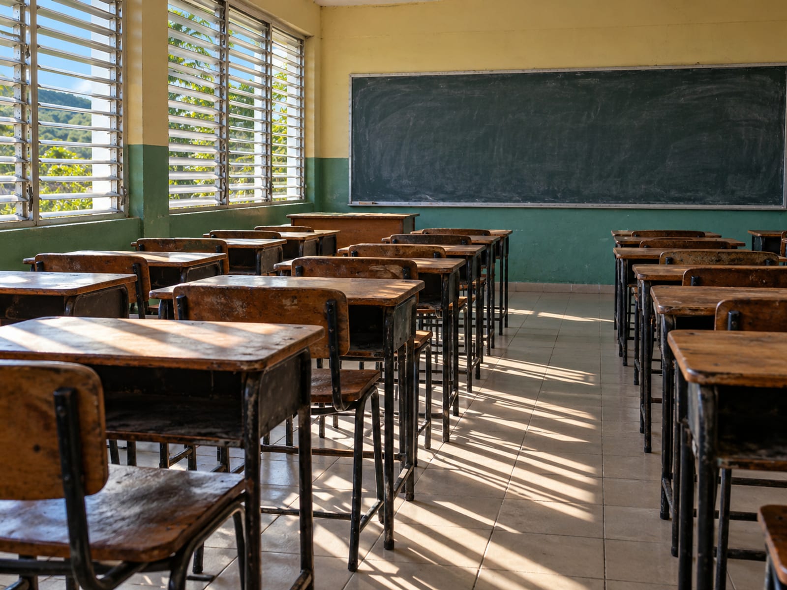 Empty classroom with rows of wooden desks, a blank chalkboard and louvre windows in afternoon light