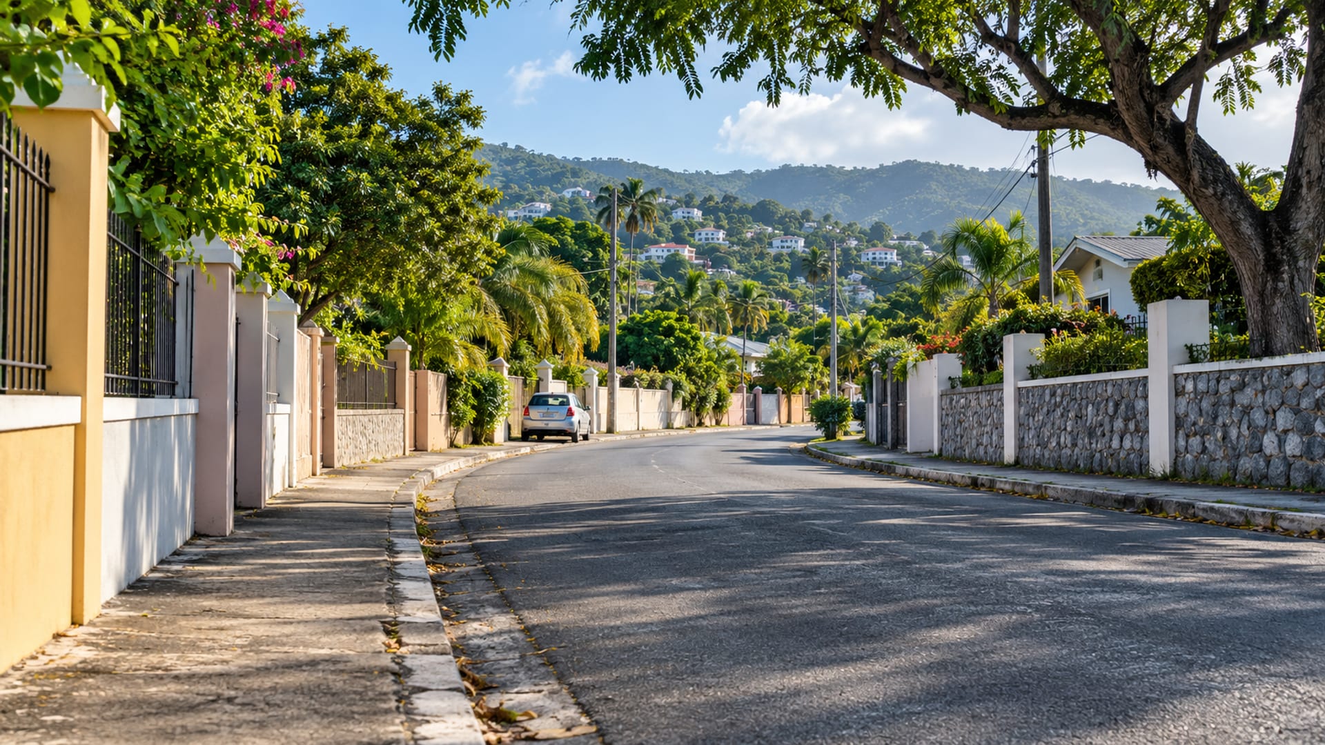 A quiet curving residential street lined with painted houses behind low walls and mature trees, with one tiny plain car far down the road.