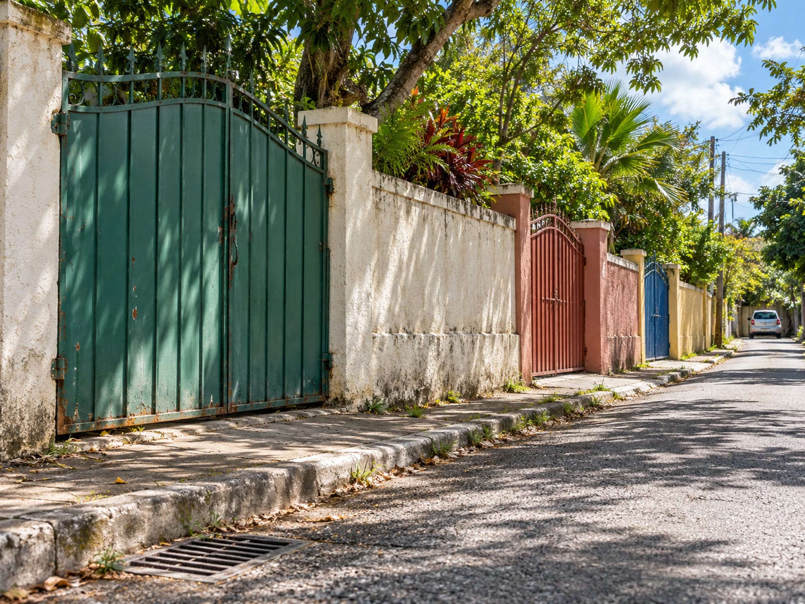 A lane with three closed gates of different colours spaced along a wall, seen at a shallow angle with the pavement leading away.