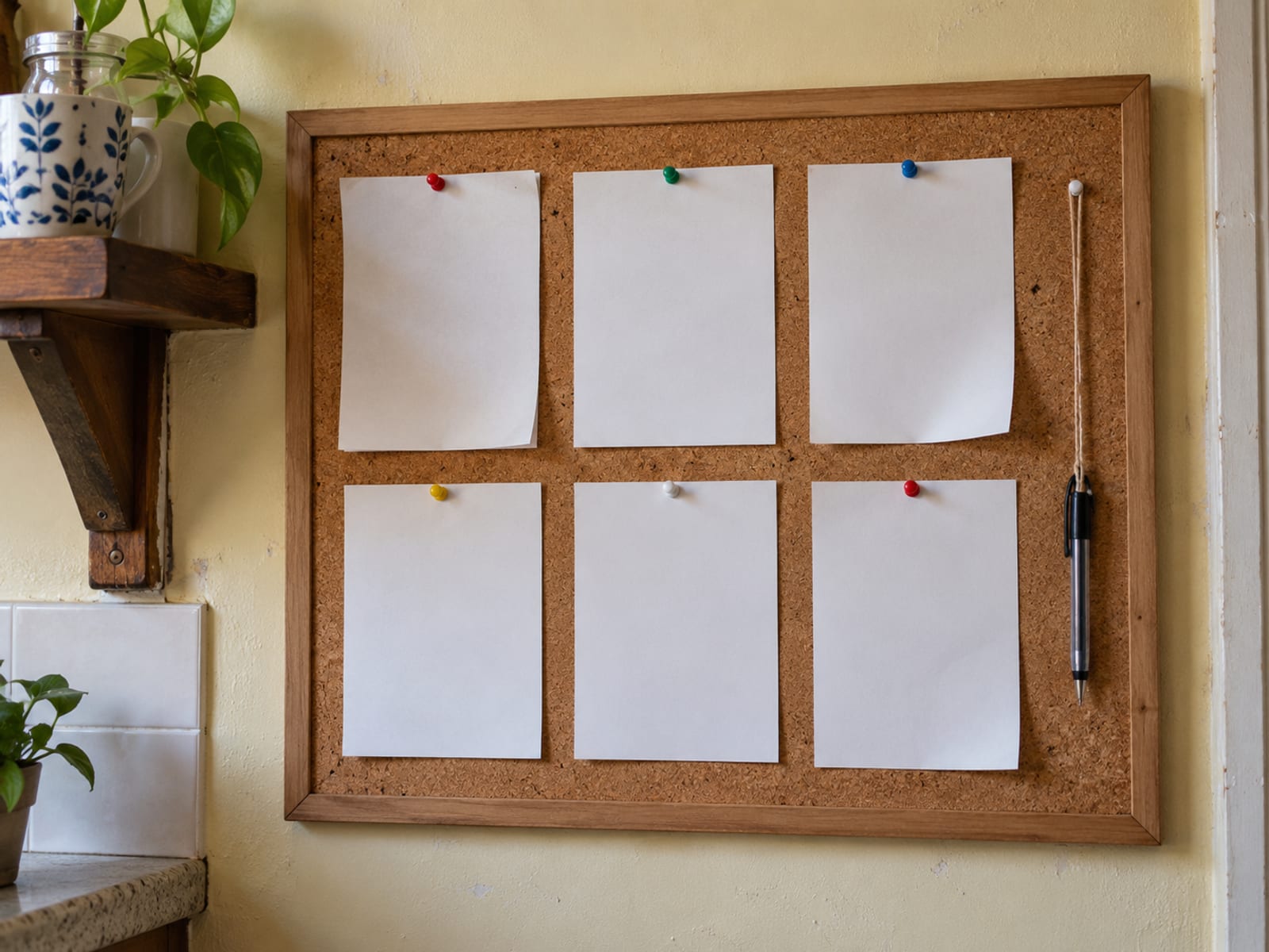A cork board on a kitchen wall with several blank paper sheets pinned in a tidy arrangement and a pen on a string.