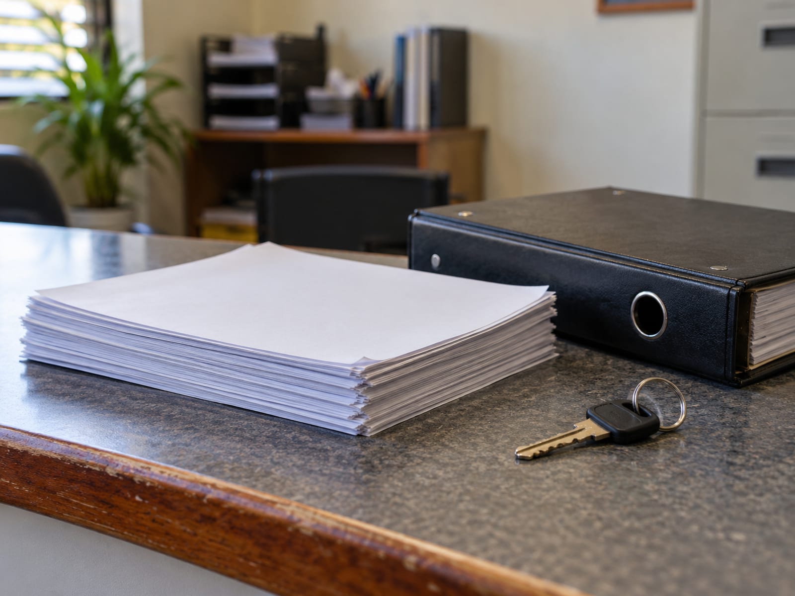 A plain counter holding a neat stack of blank forms, a ring binder and a single key on a ring, with a blurred office wall behind.