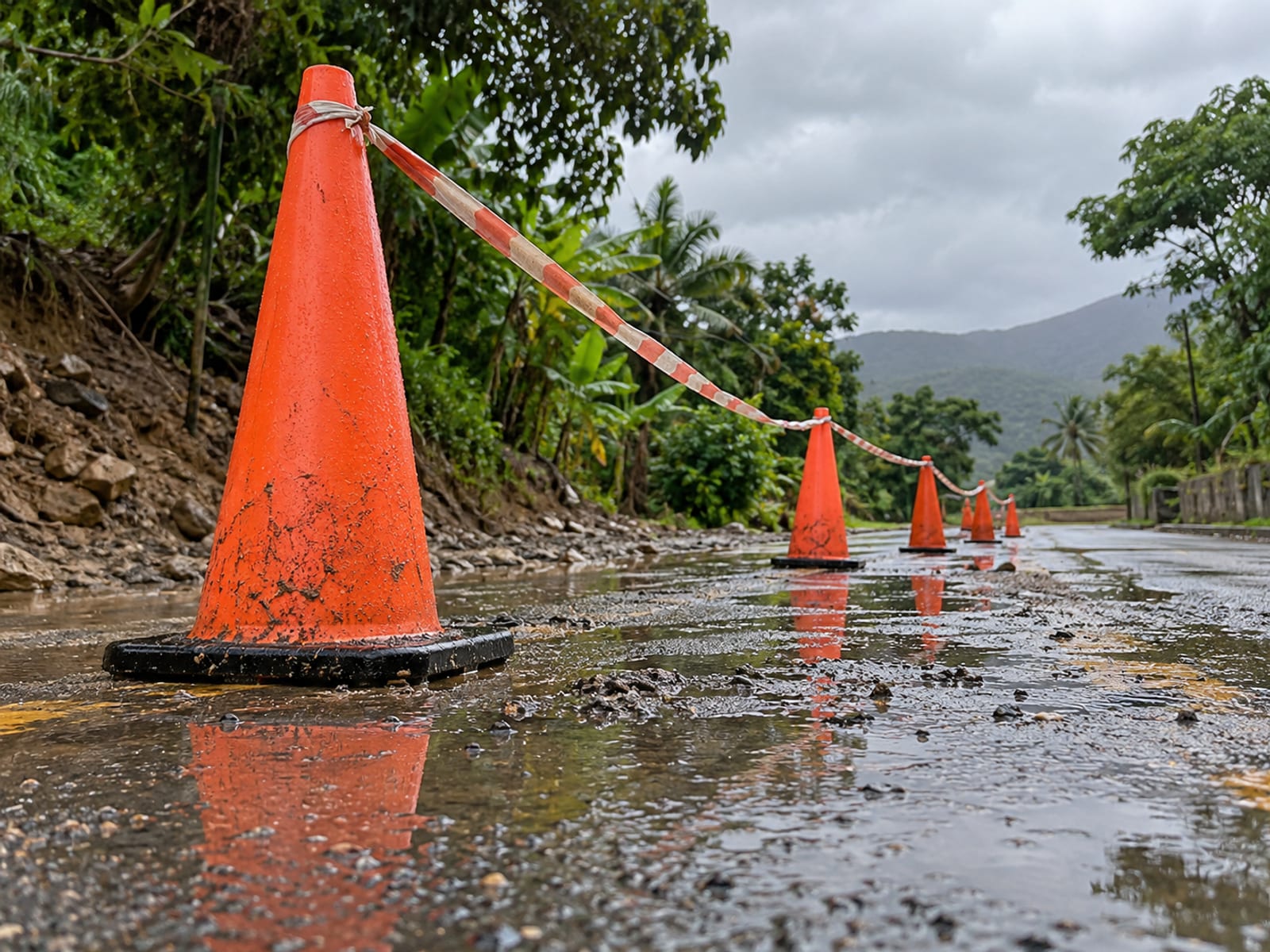 A row of orange traffic cones set across a wet road with puddles reflecting the sky, with nothing else on the road.