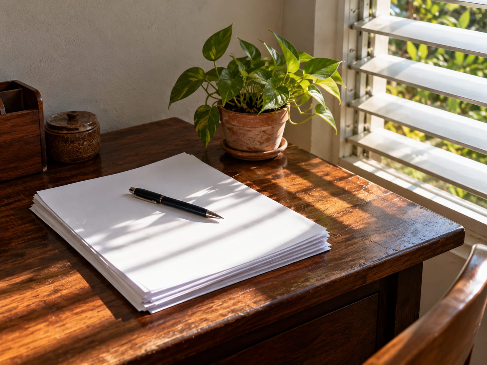 A tidy desk with a few blank paper pages, a pen and a small plant beside a louvre window with sunlight stripes.
