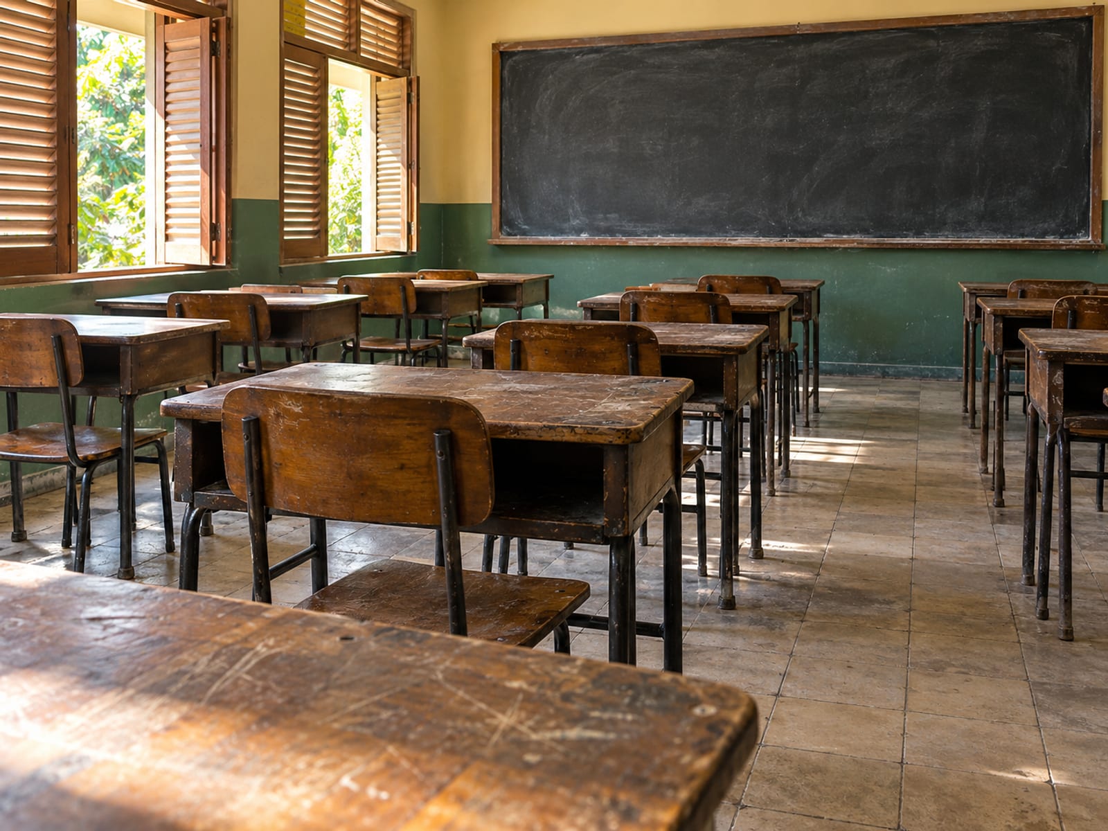 Rows of plain wooden desks and chairs in an empty classroom facing a clean blank chalkboard, with sunlight through open window shutters.