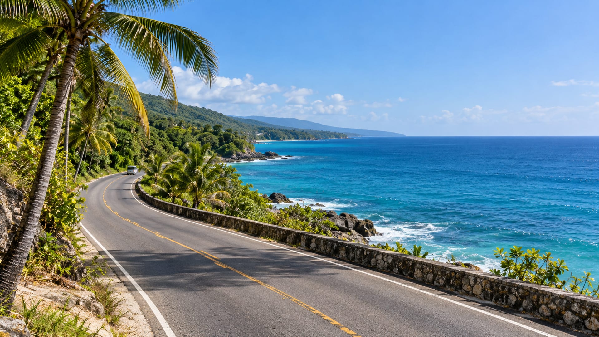 Winding coastal road beside blue sea with palms and a tiny plain minibus far along the bend