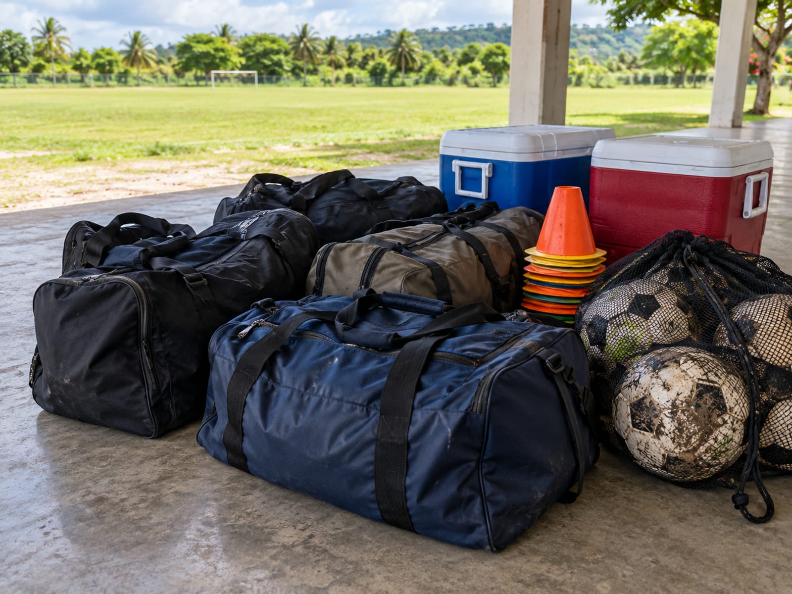Plain duffel bags, a net of footballs and stacked cones on a concrete floor of an open pavilion
