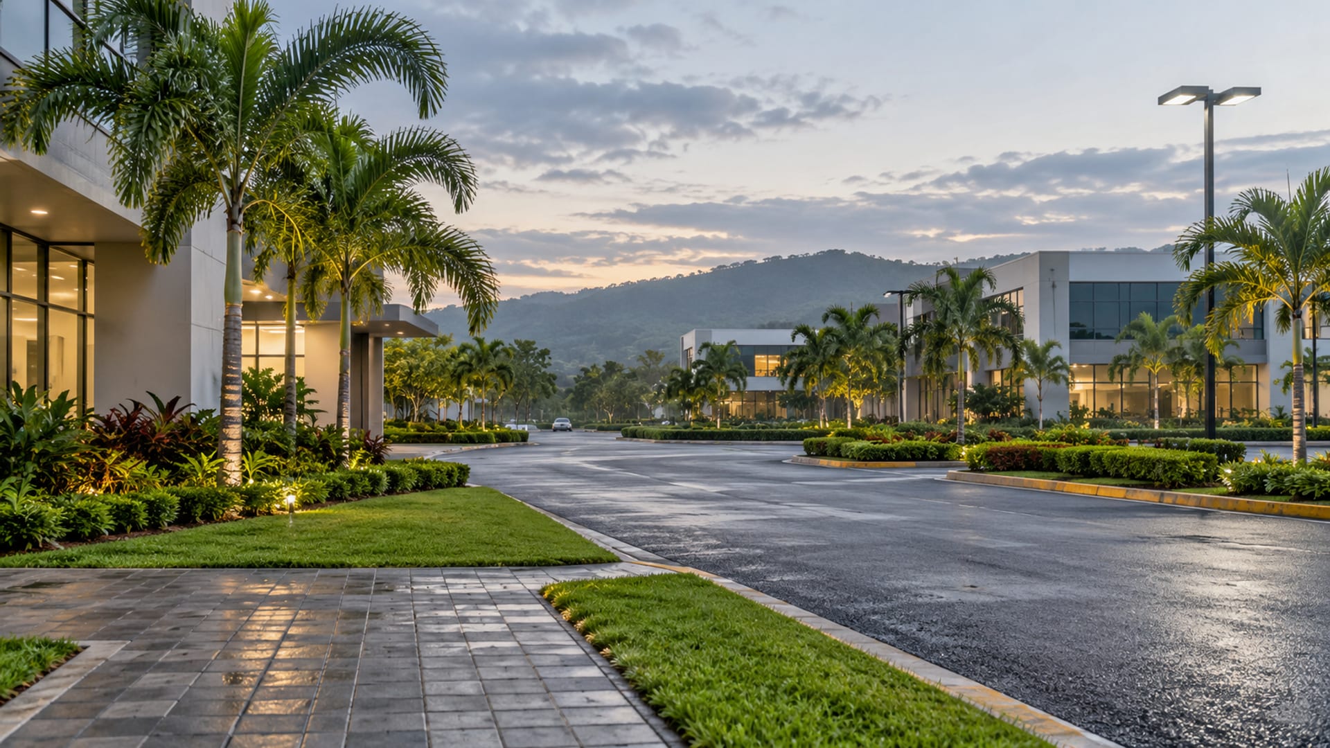Empty business park forecourt with trimmed lawns and low office buildings in grey early morning light