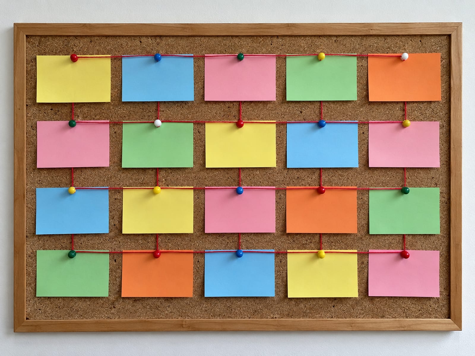 Cork pinboard with blank coloured cards and string connecting pins on an office wall