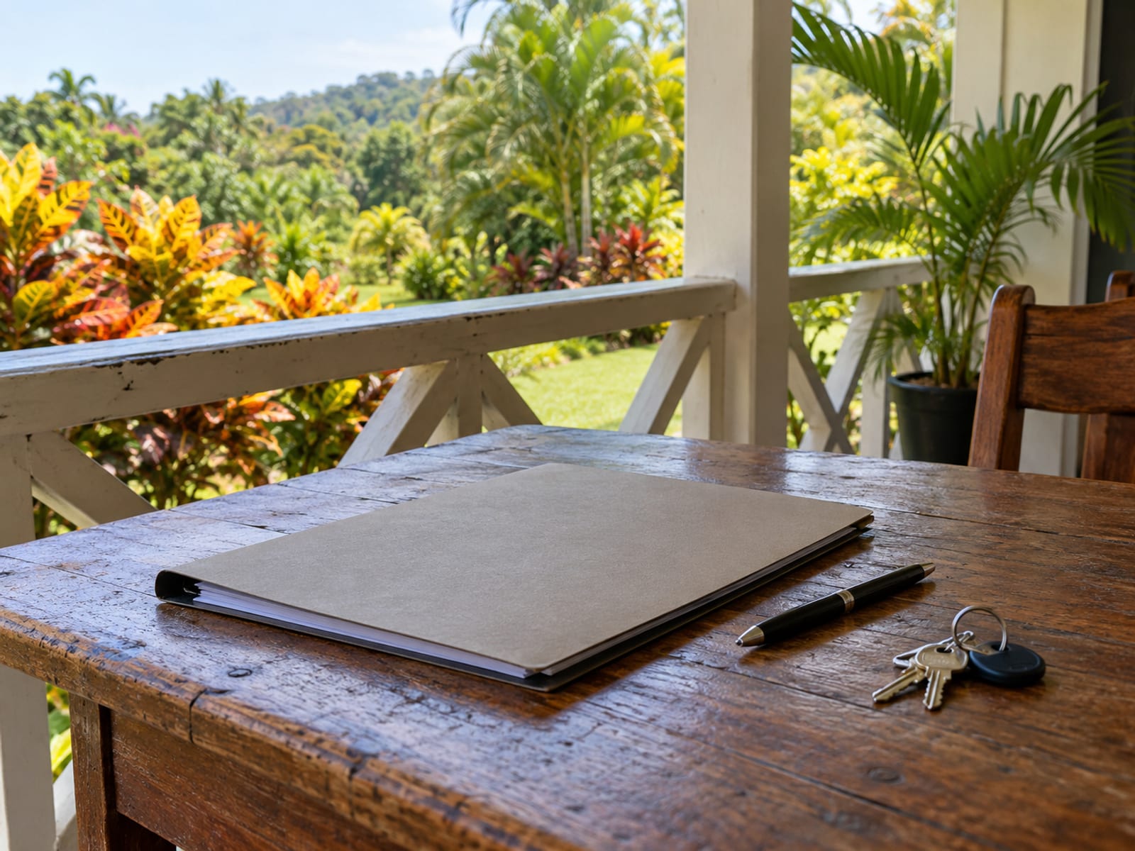 Closed folder, pen and a key ring on a wooden verandah table with a garden beyond