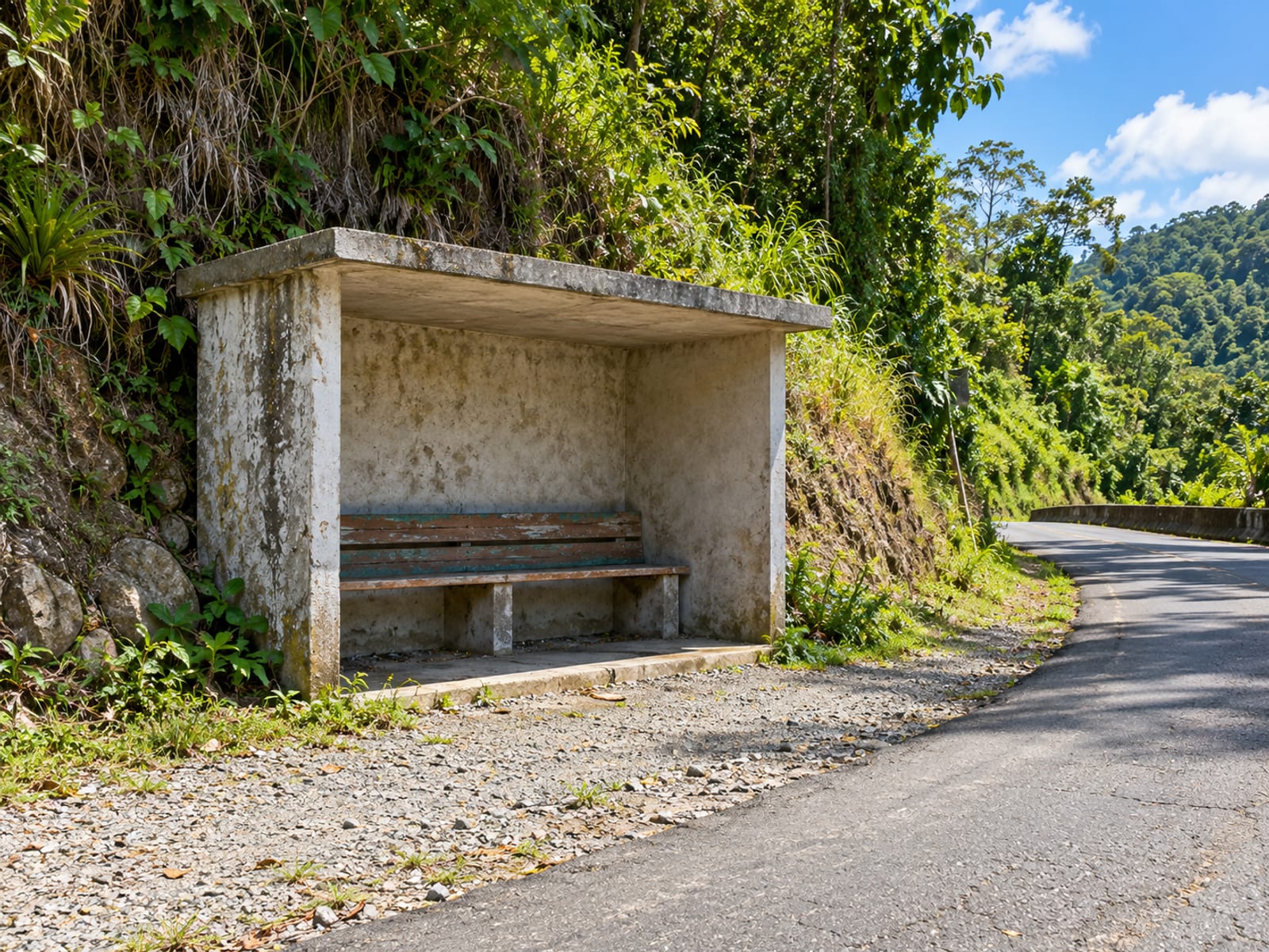 Plain concrete bus shelter with an empty bench beside a hill road, with a green bank behind it and a distant bend in the road.