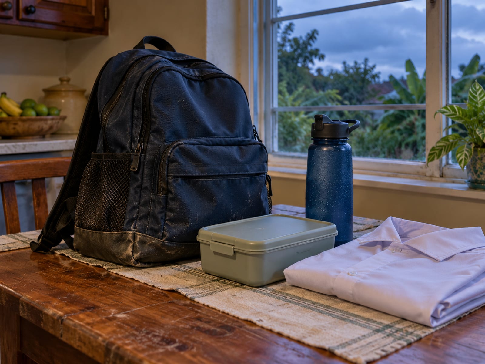 A packed school bag, a plastic lunch container and a folded shirt on a wooden kitchen table beside a window with grey early light.