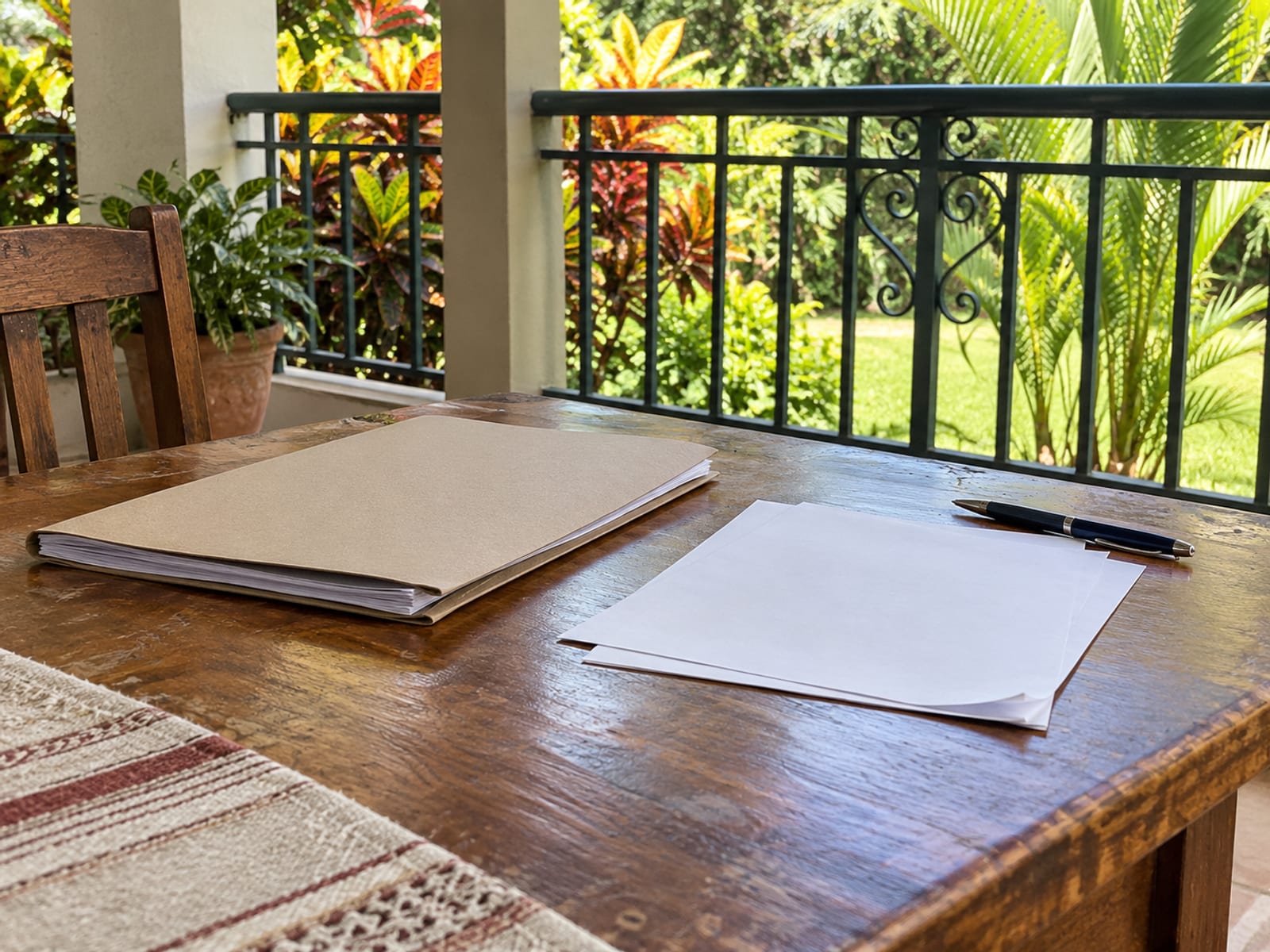 A wooden verandah table holding a blank paper folder, loose blank sheets and a pen, with a garden and grille railing visible beyond.