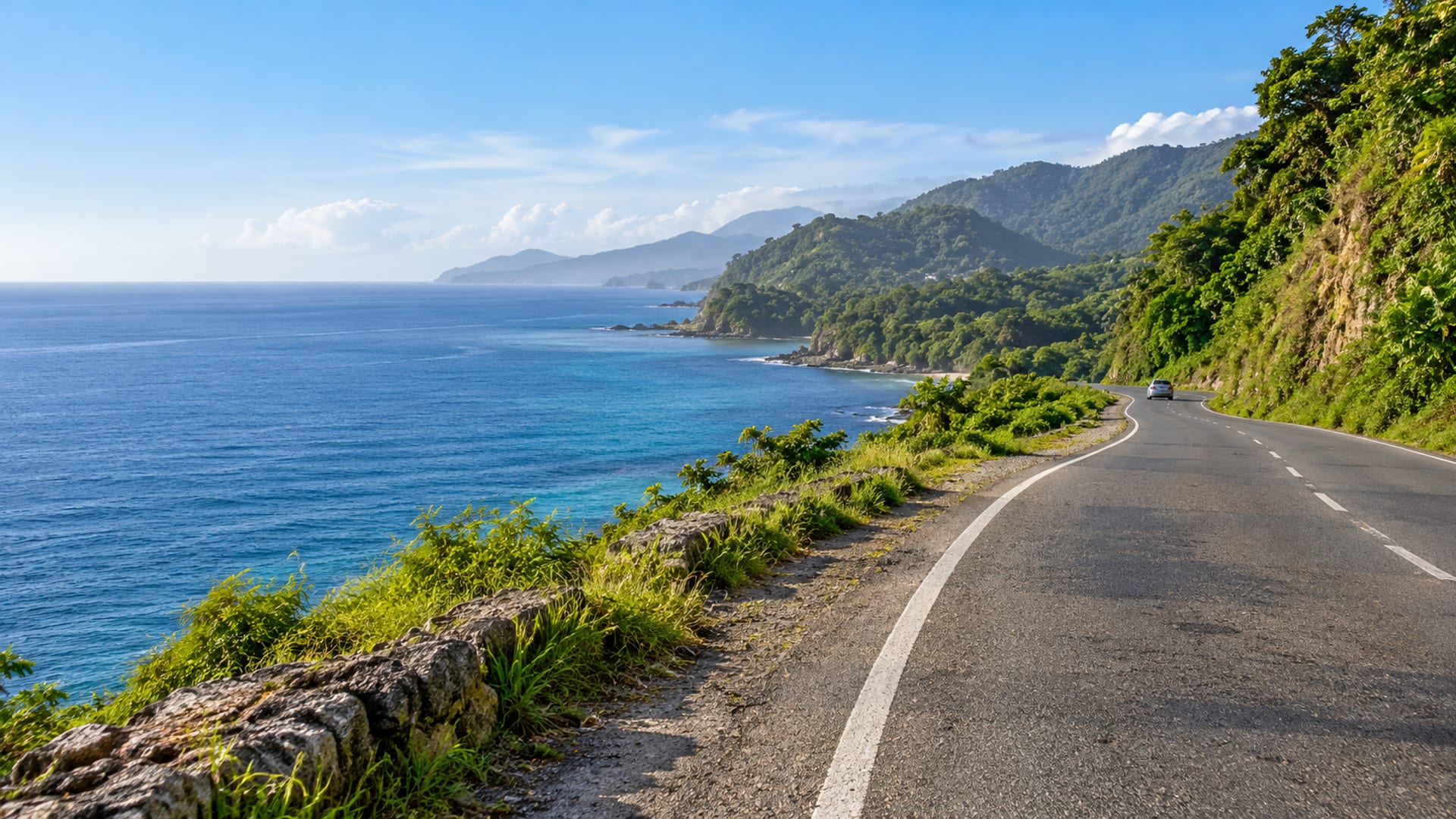 Wide view of a two lane coastal road curving between a calm blue sea and green hillside, with one tiny grey car far in the distance.