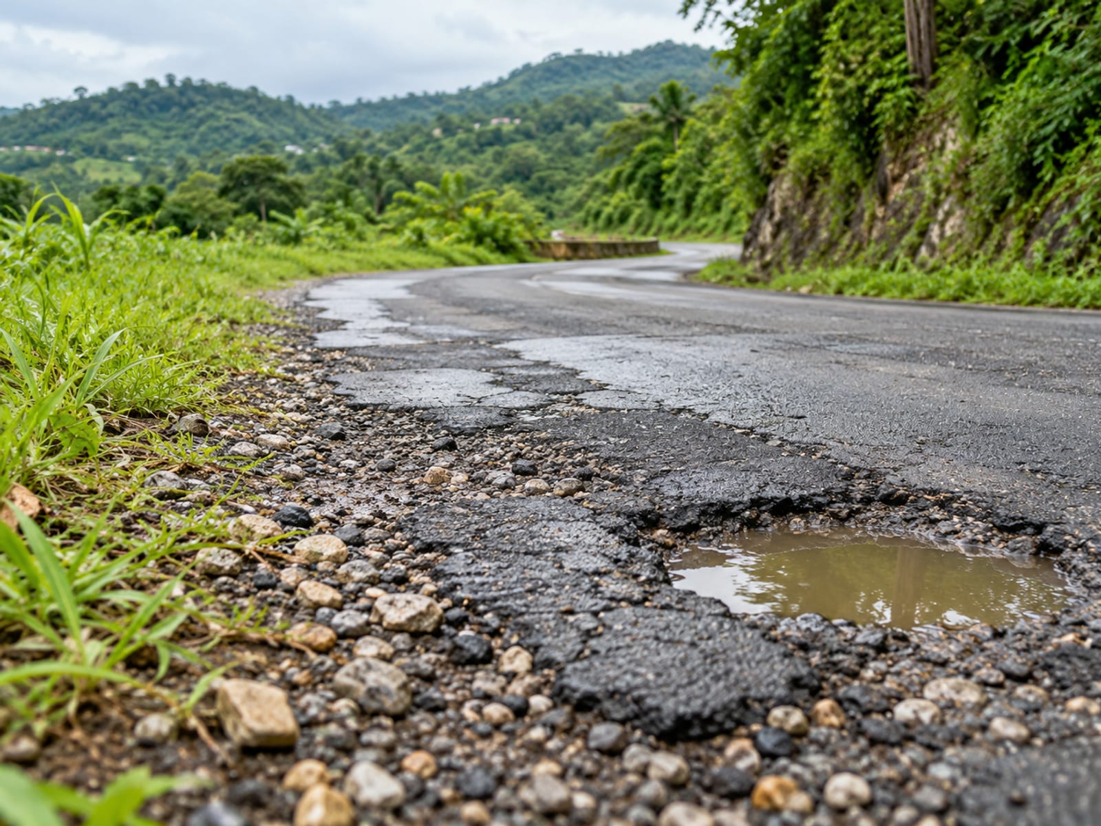 Low close view of cracked and patched asphalt with a shallow pothole beside a grassy verge on a narrow road.