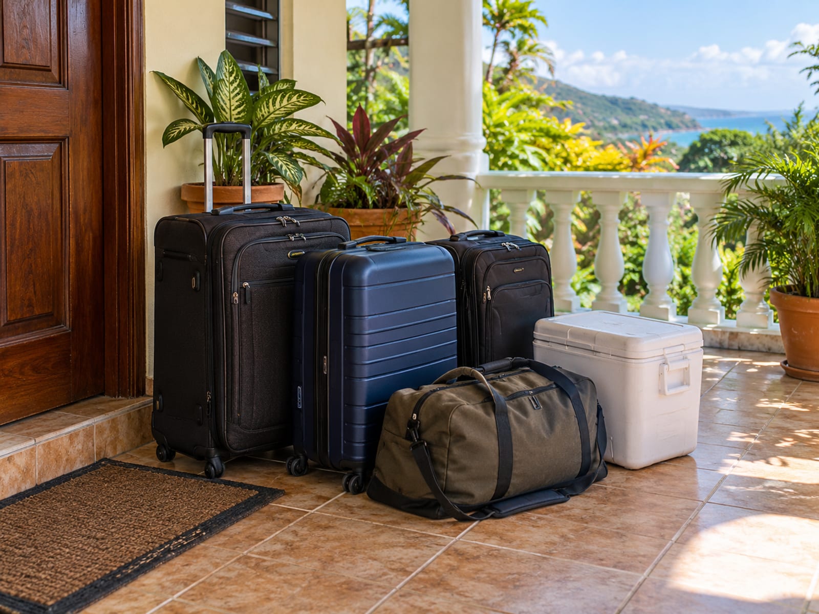 Three suitcases, a duffel bag and a plain cooler box stacked on a tiled veranda beside a doorway and potted plants.