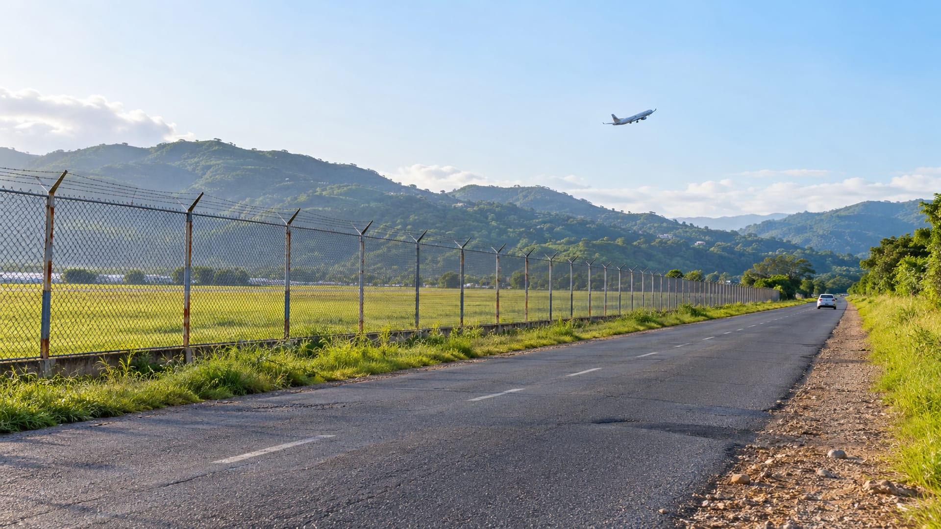 Wide view of a quiet road along an airport perimeter fence with green hills behind and a small aircraft climbing in the distance