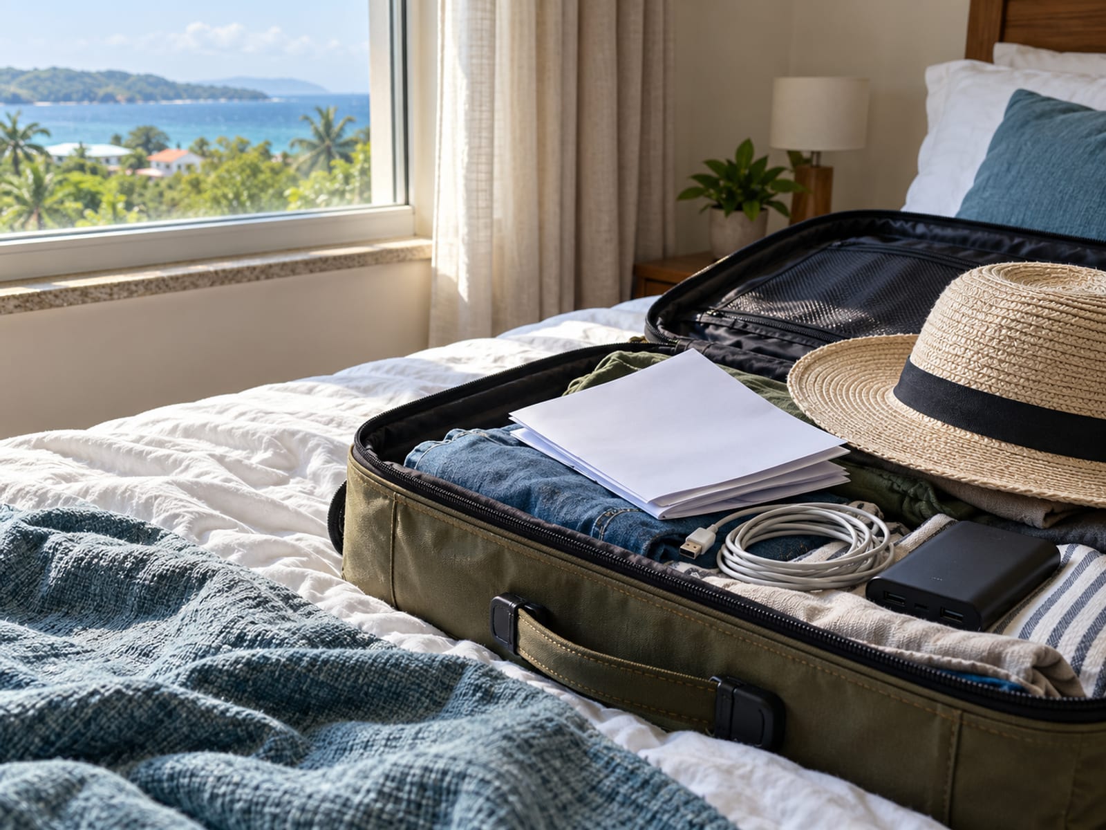 Open carry on bag with folded blank papers and a coiled charging cable resting on a made bed, bedroom window behind