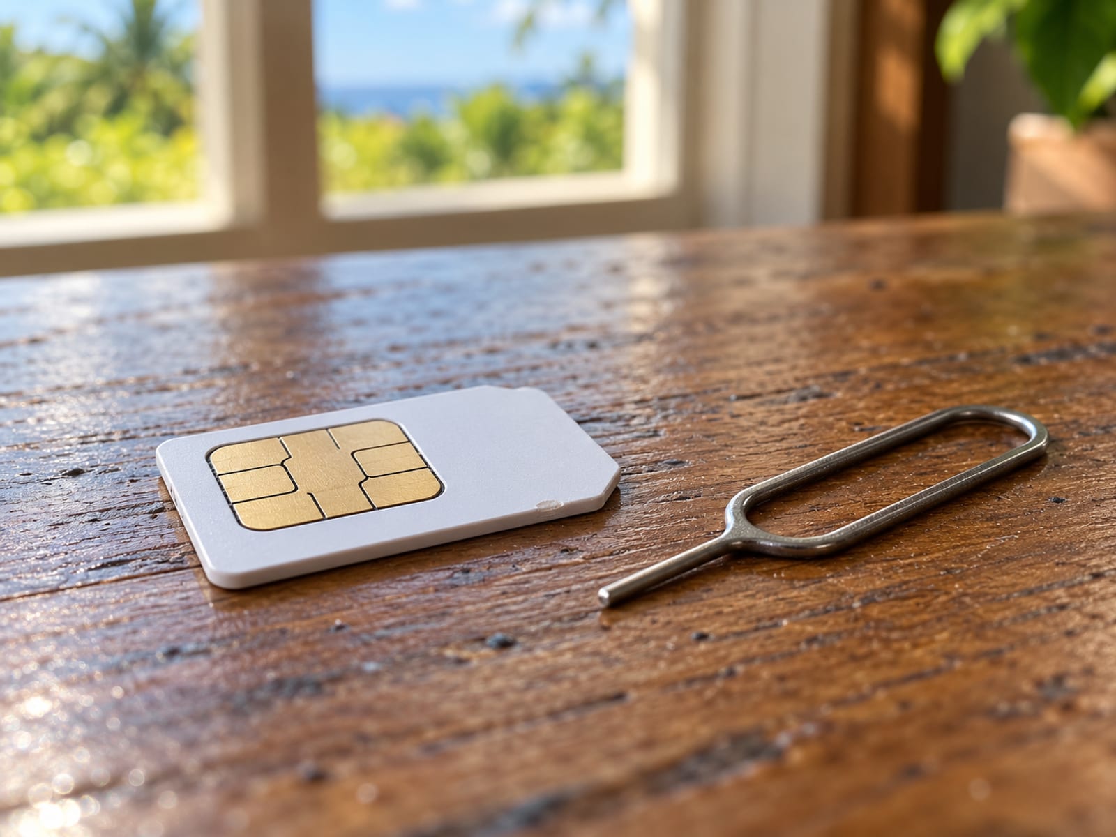 Close up of a blank SIM card and a small eject pin lying on a wooden table with a blurred window behind