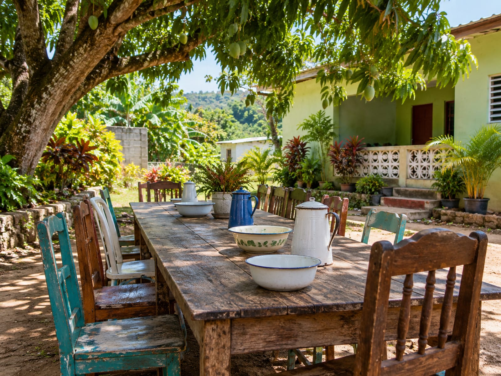 Long wooden outdoor table with many empty chairs in a shaded yard with fruit trees and a concrete house behind