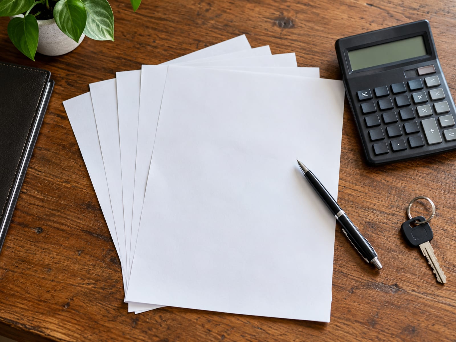 Top down view of blank paper sheets, a plain calculator and a pen on a wooden office desk