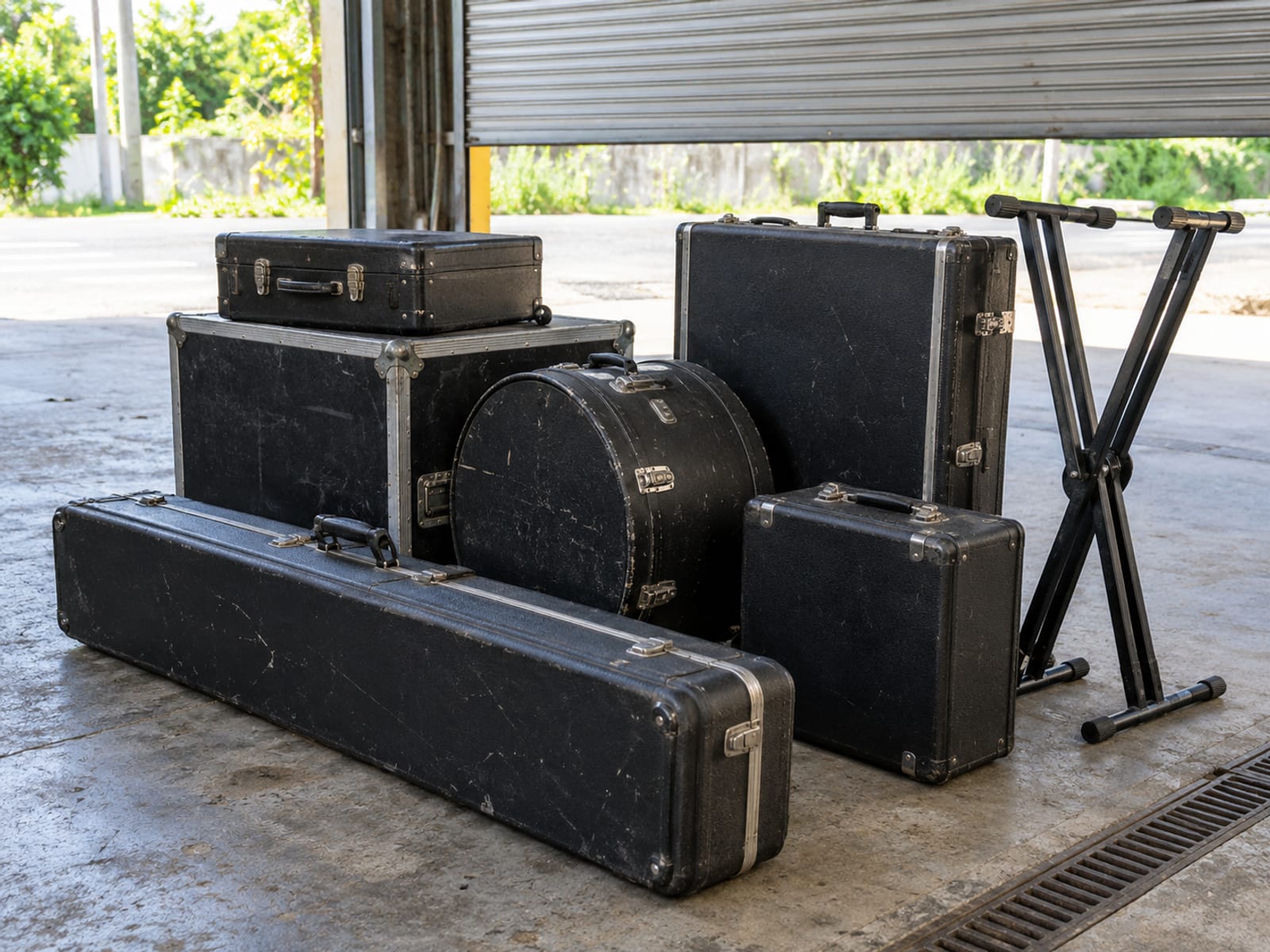 Black hard instrument cases of various sizes, a folded keyboard stand and a drum case on a concrete loading area.