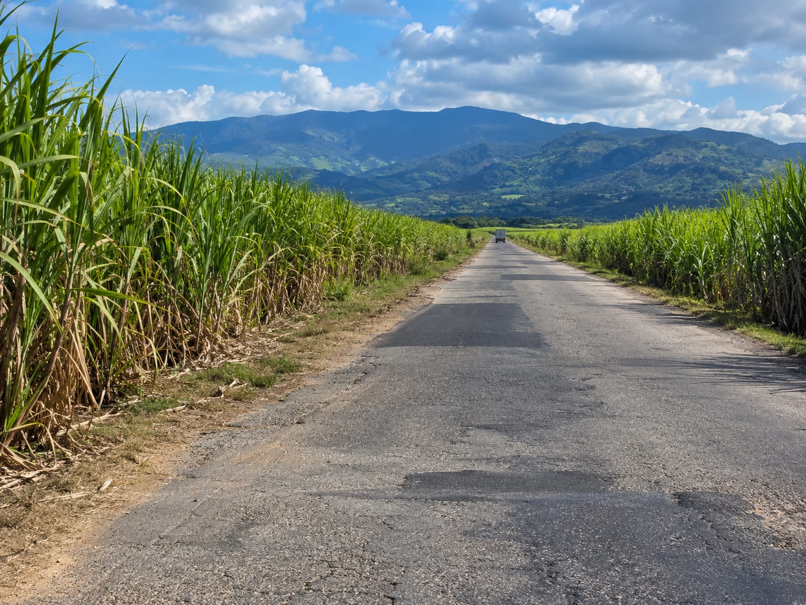 Straight paved road through green cane fields with blue hills in the distance and a tiny truck far ahead.