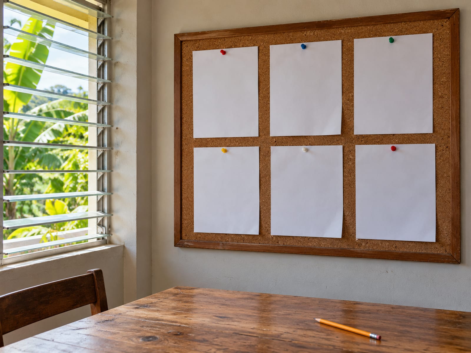 Cork pinboard with several blank white sheets pinned in a grid beside a window and a plain wooden table.