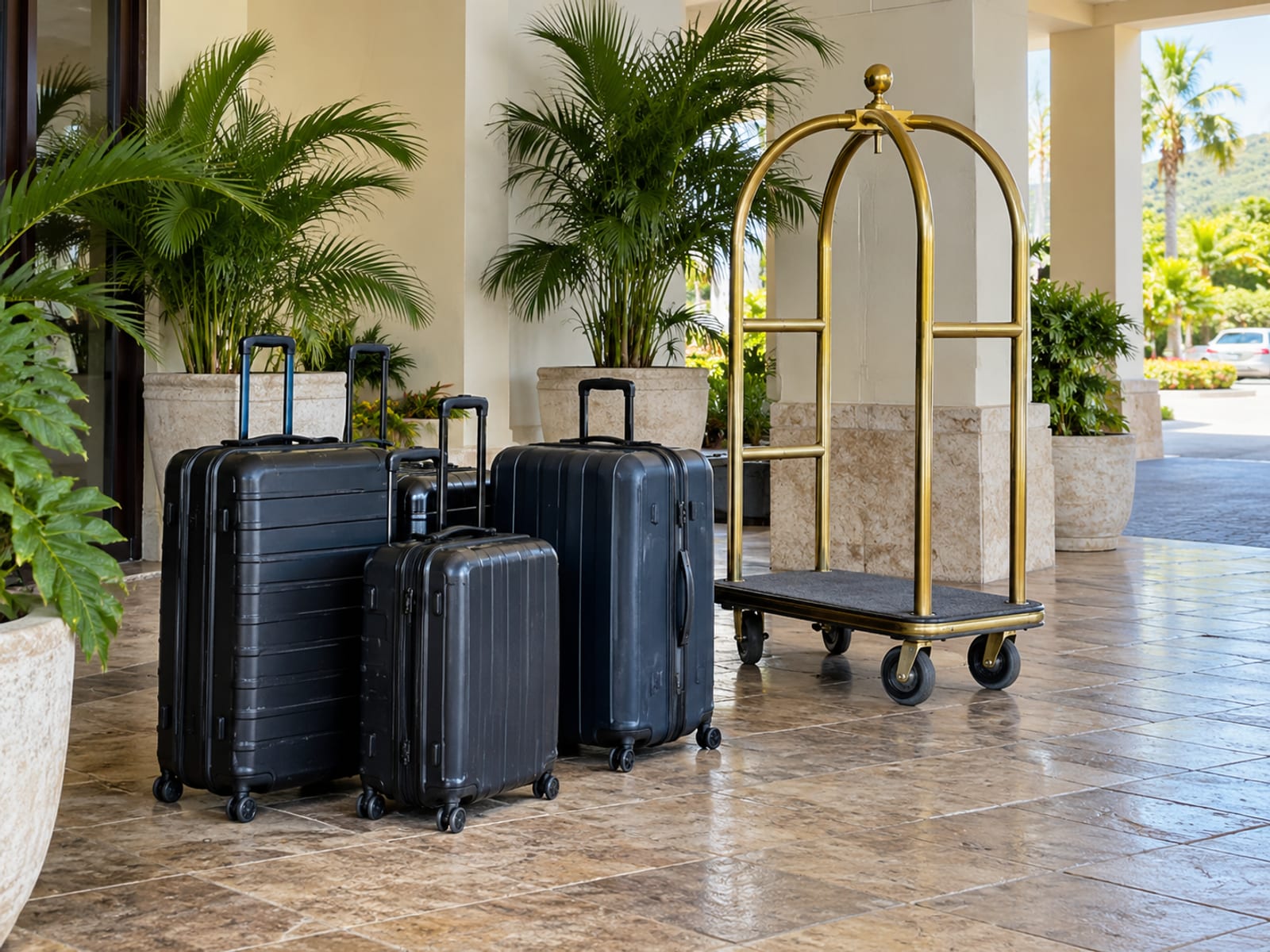 Several plain dark suitcases and an empty luggage trolley on a tiled covered porch with potted palms