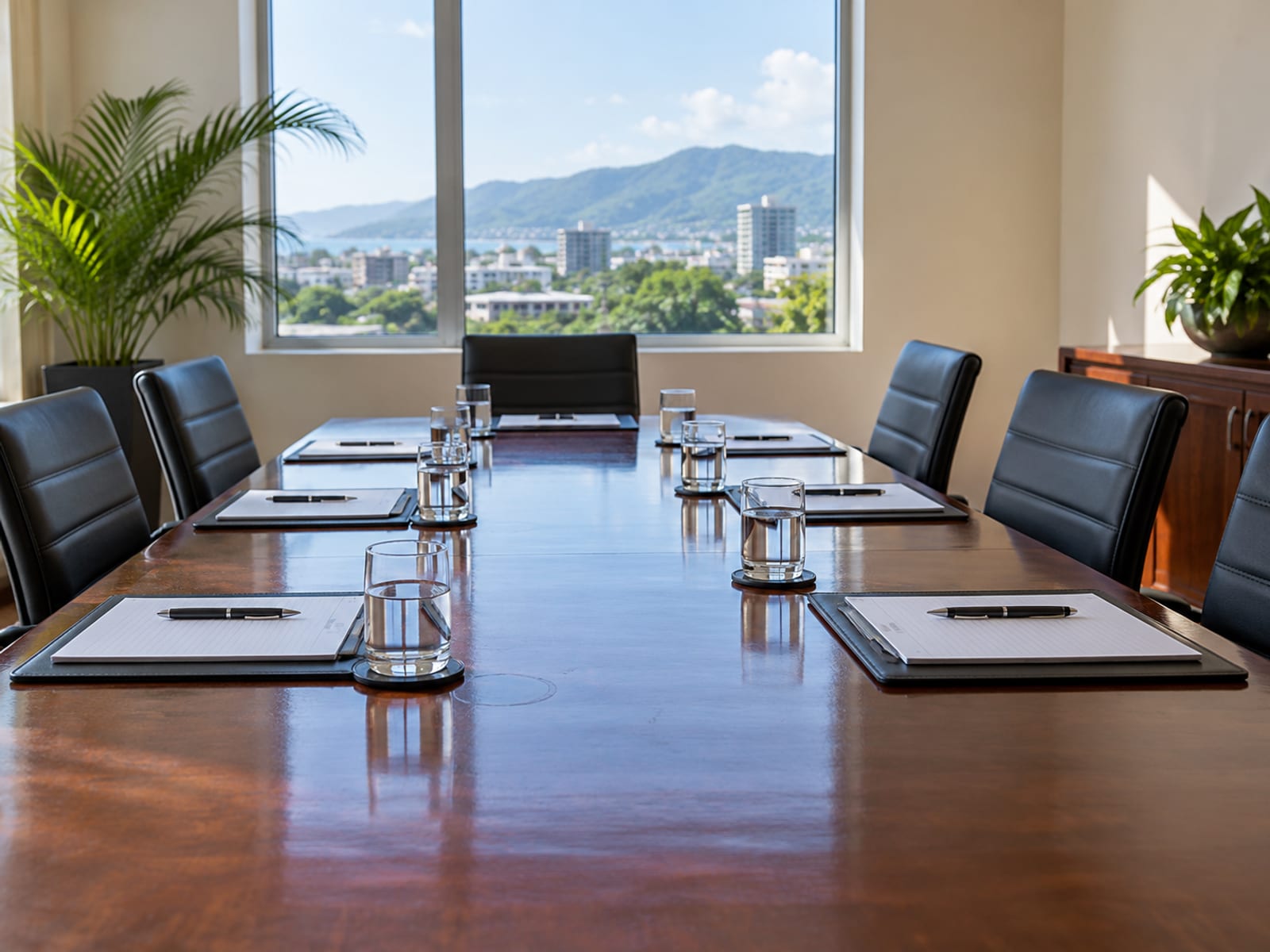 Long meeting table with identical blank notepads and water glasses at empty chairs in a plain room