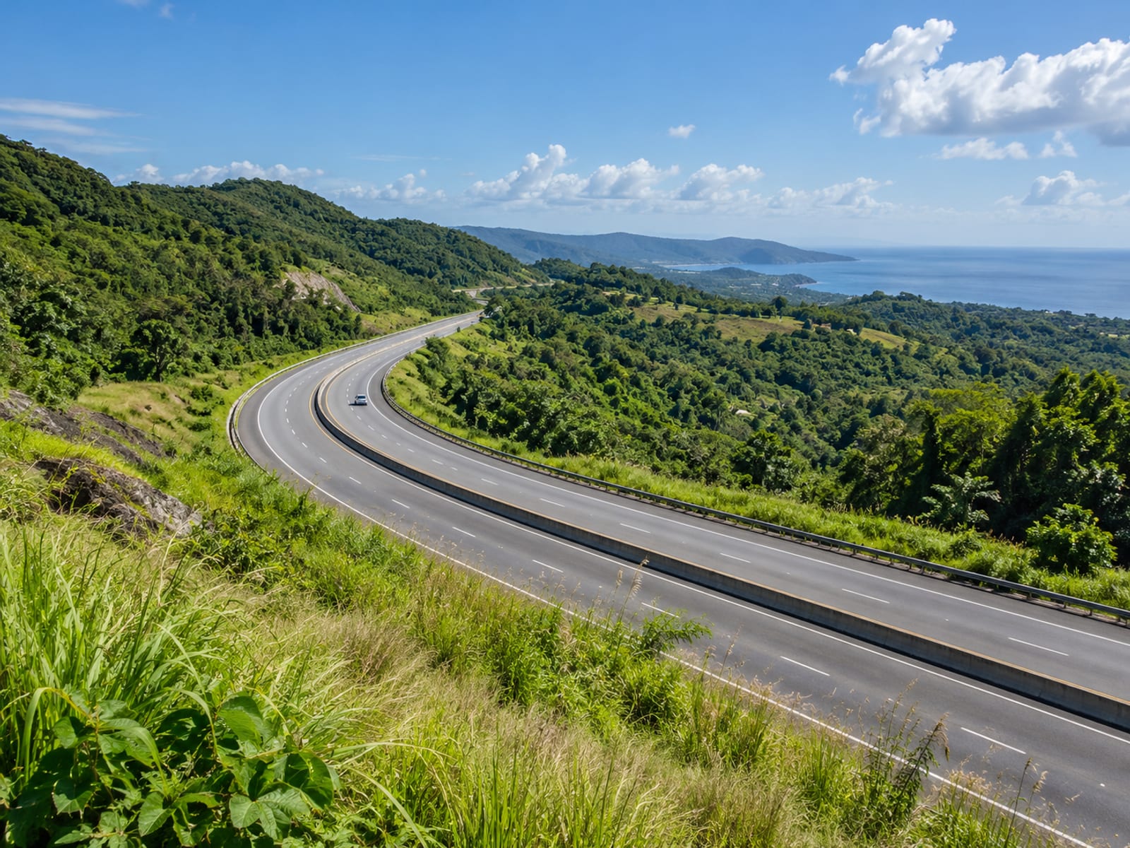 Smooth highway curving through green rolling country with a faint distant car and clear sky
