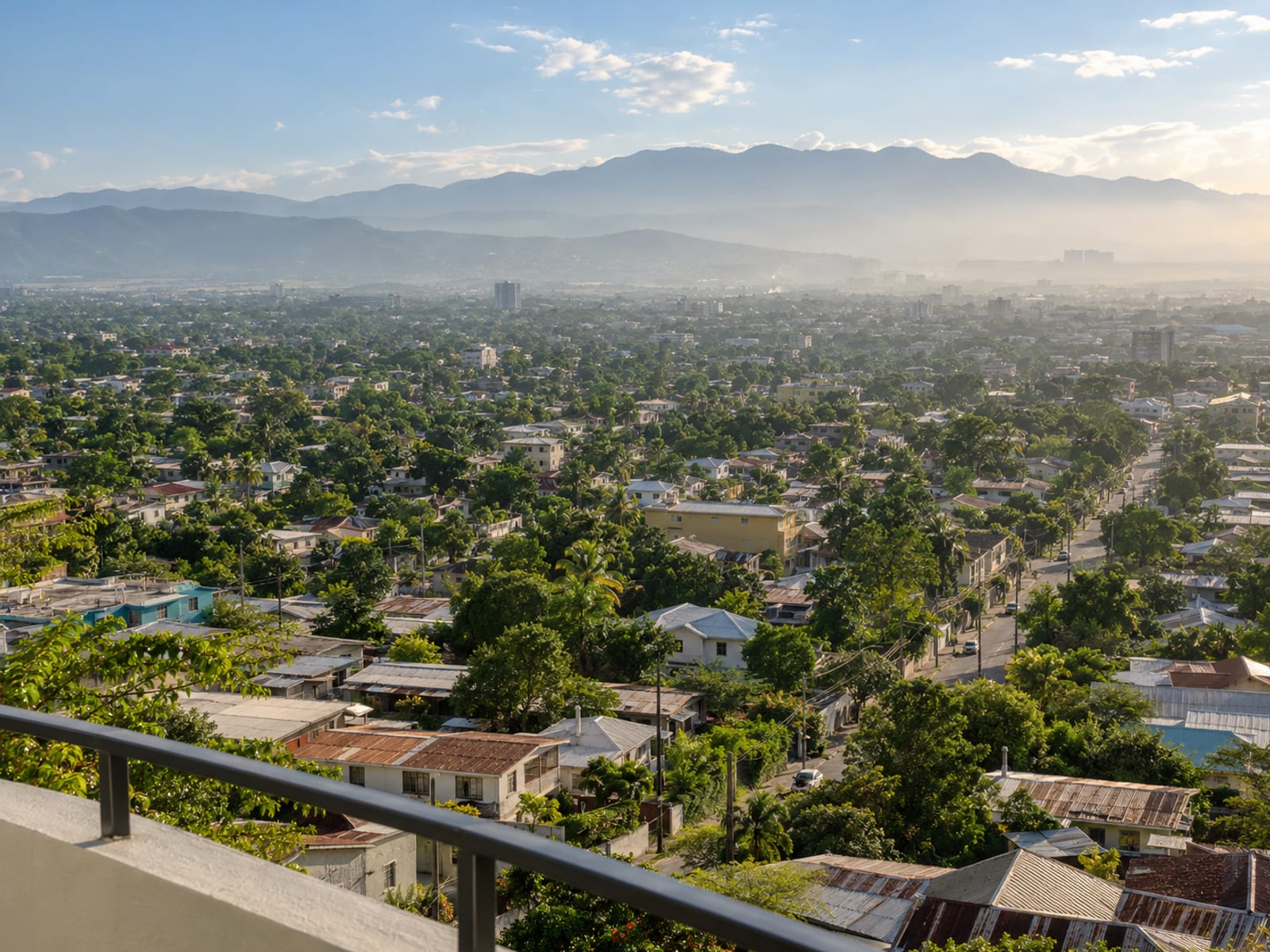 Elevated view of ordinary Kingston streets and rooftops with the mountains rising in morning haze