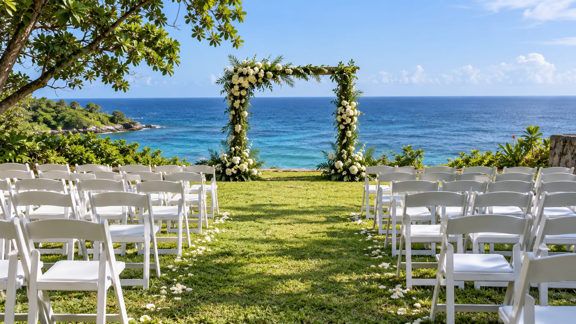 Rows of white chairs on a lawn facing a plain leafy arch and the sea, empty, no people