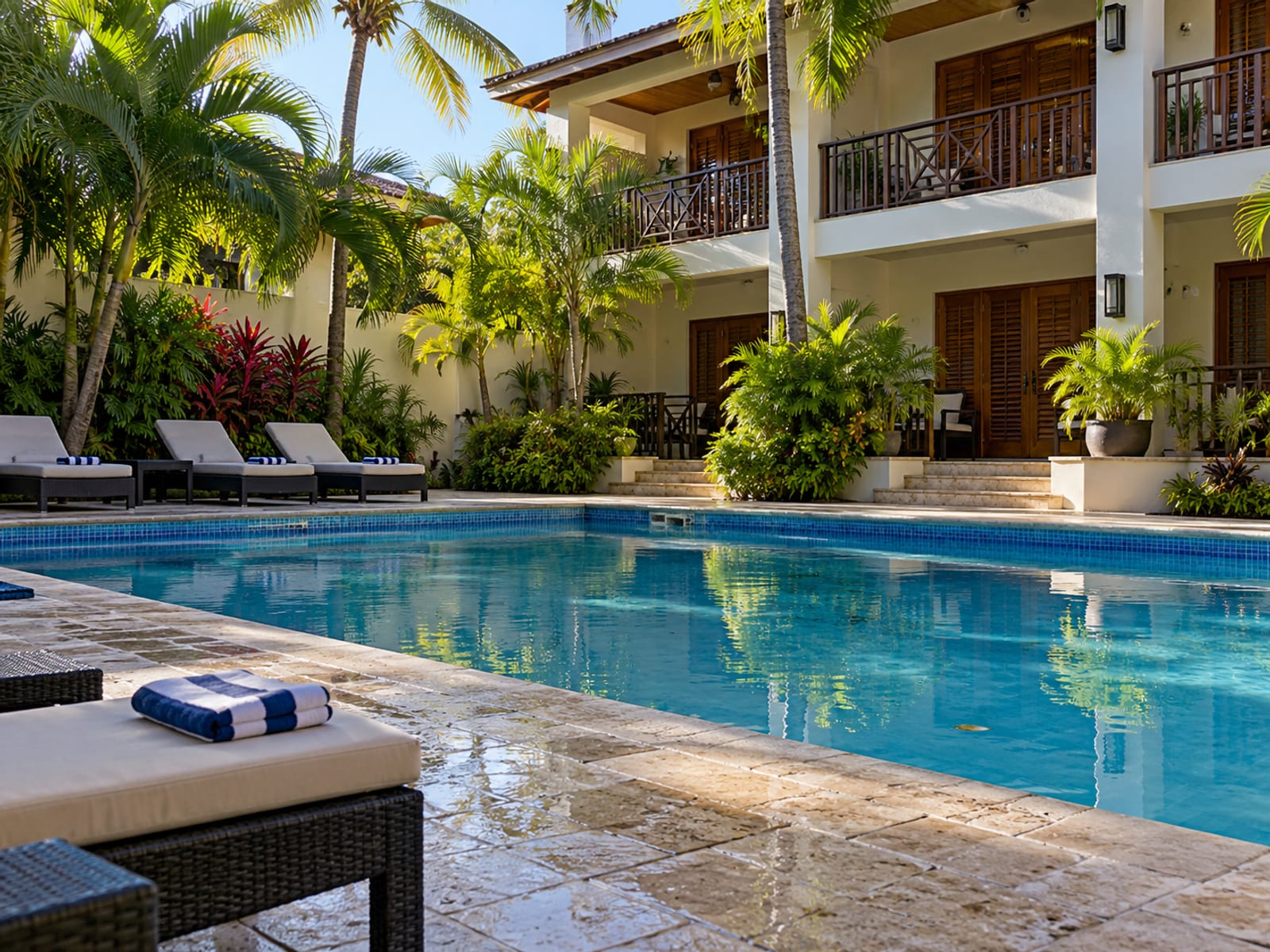 Quiet open air hotel courtyard with loungers, a pool and palms in early morning, no signs